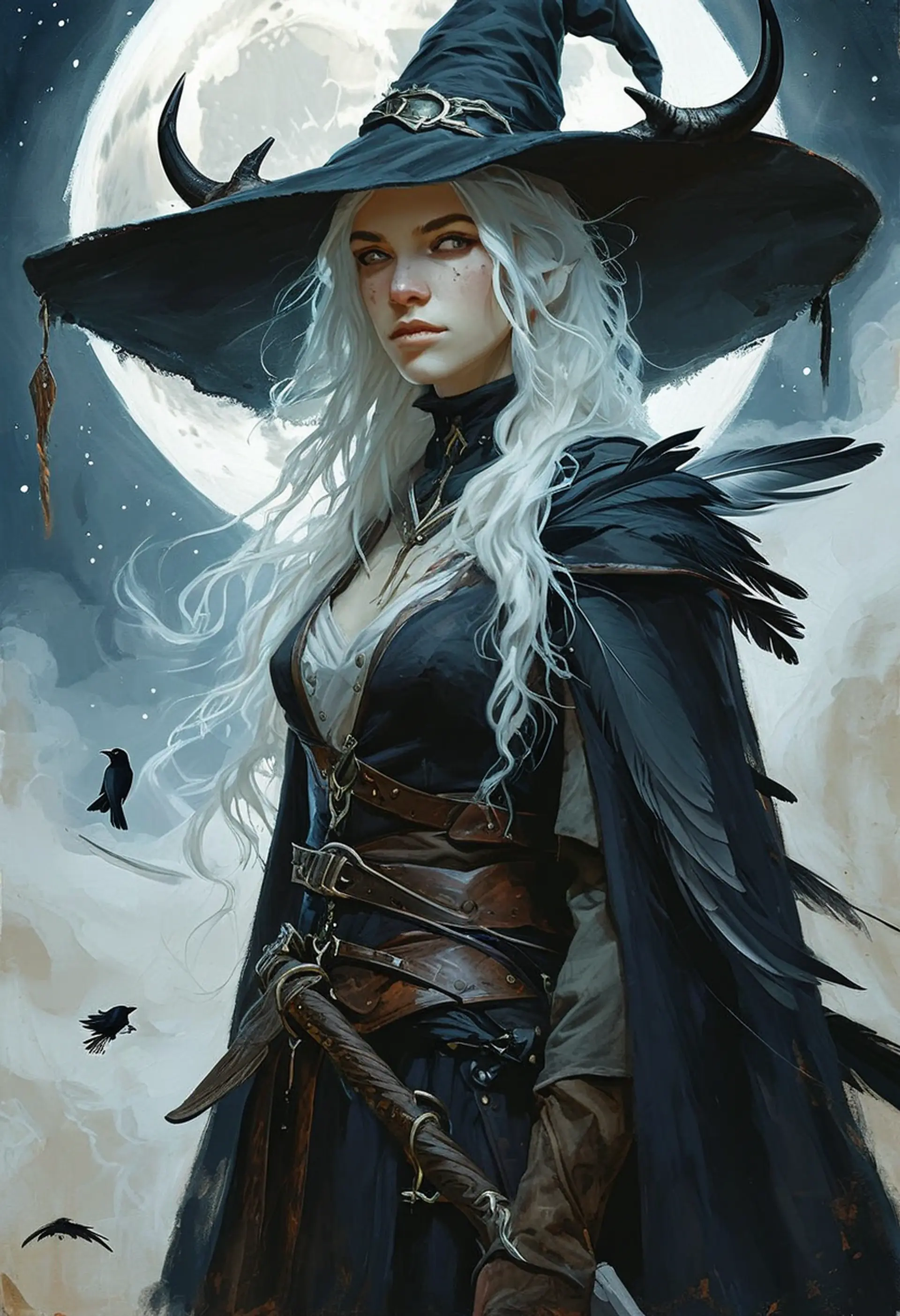 Branwen Umbra is a 230-year-old Umbral Human cleric and sorcerer, appearing as a slender, alabaster-skinned young woman with smoky onyx hair and swirling silver-black eyes. Bound by a divine purpose, she wields a scythe, wears a black wizard's hat and patchwork robes, and communes with ravens in her quest for redemption.