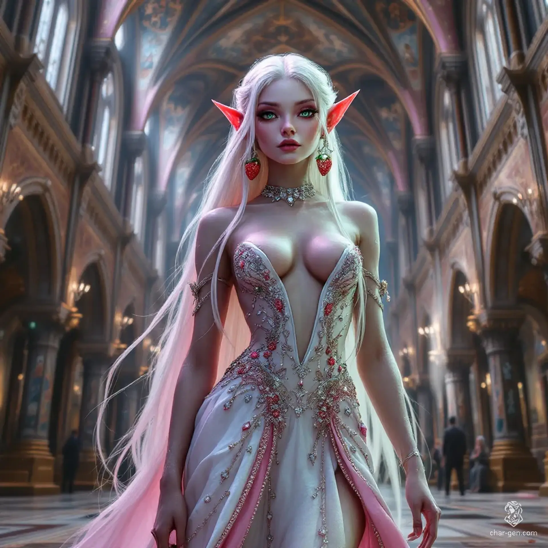Suki is a mesmerizing pink-skinned astral elf, standing at 5'6" with flowing white-blonde hair and striking green eyes. Adorned in a dazzling white and pink diamond ball gown, she captivates with her playful novelty earrings, each symbolizing her latest heist’s theme, from tiny sushi to charming teddy bears.
