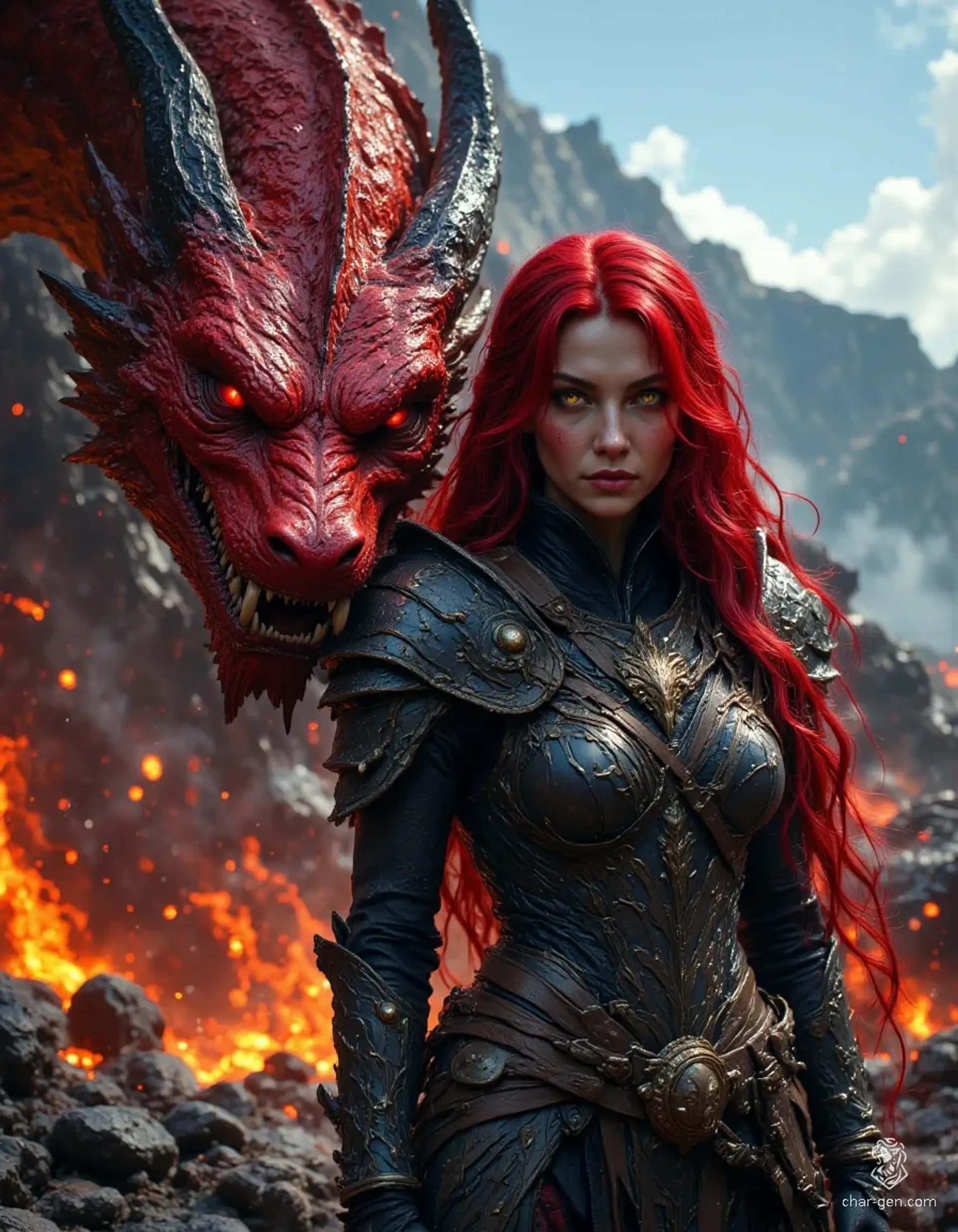 This striking middle-aged female Ranger, with flowing crimson hair and luminous yellow eyes, dons masterfully crafted dark obsidian armor adorned with black scales. Standing confidently beside a formidable red dragon head in a volcanic setting, her distinct red skin glimmers in the dramatic lighting, embodying both beauty and danger.