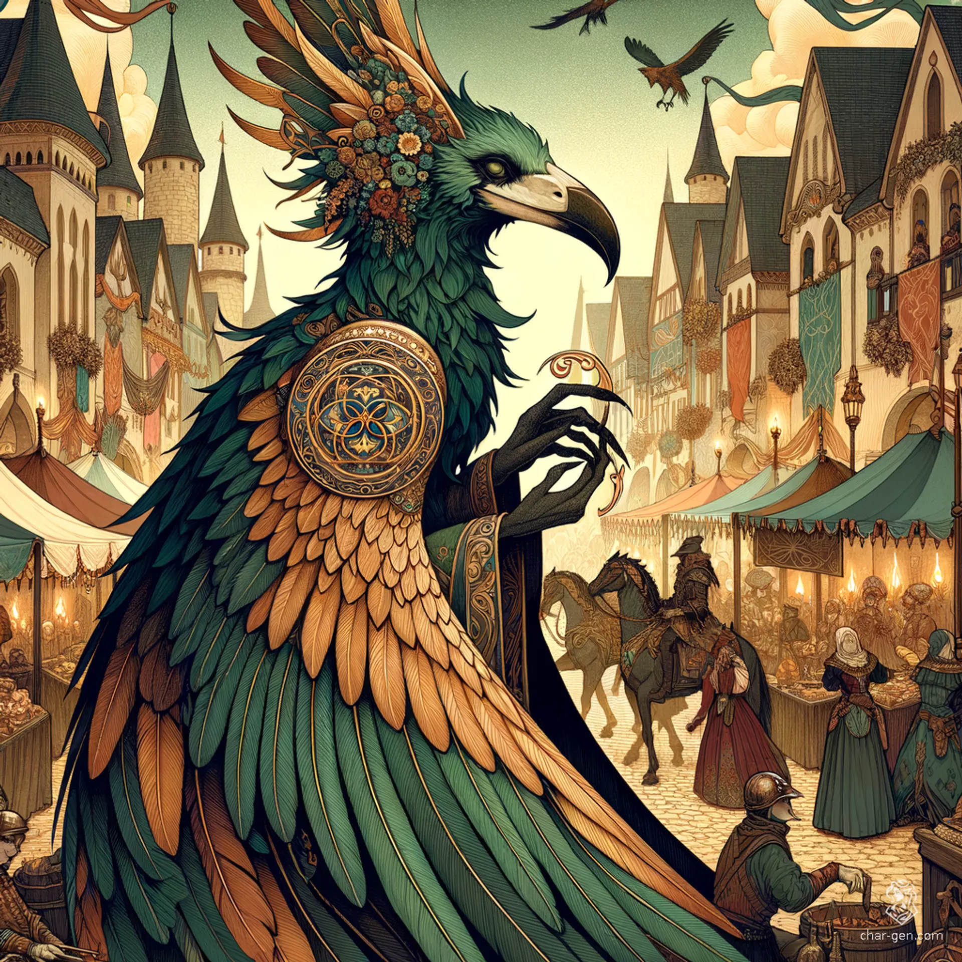 In a vibrant medieval village festival, a serene cleric stands out with a prominent holy symbol glowing at their chest. Their aarakocra form glimmers, intricate feathers shimmering in the torchlight, while townsfolk celebrate around them, the aroma of roasted meats mingling with enchanting melodies.