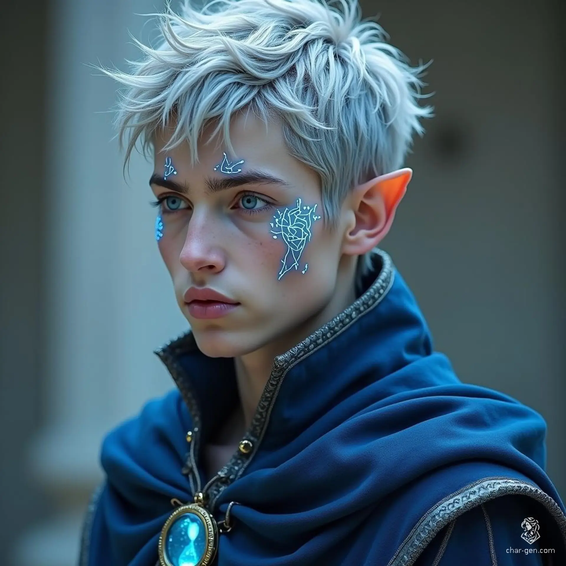 Vollaron, a frail yet striking high-elf, possesses sharp features and tousled silver-gray hair. His piercing blue eyes, glowing with arcane energy, complement delicate blue marks etched beneath them. Clad in elegant robes of blue and silver, he embodies the essence of chronomancy, exuding an ethereal, mysterious power.