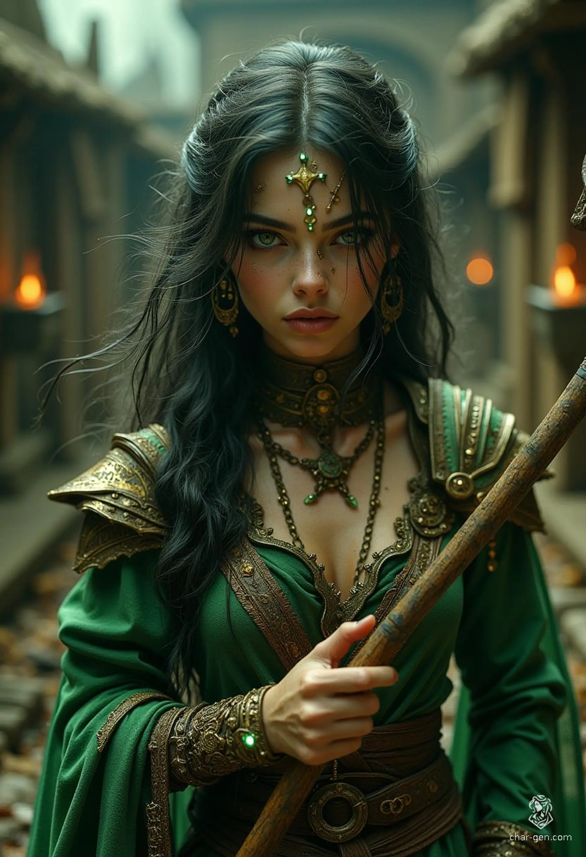 Mugzug the Tiny is a noble half-orc warlock, bearing arcane sigils and wielding a powerful mace. With tusked, green skin and human elegance, she balances charm and wisdom. Torn between duty and desire, she fights against her family's wishes to save her forbidden love, Maribel.