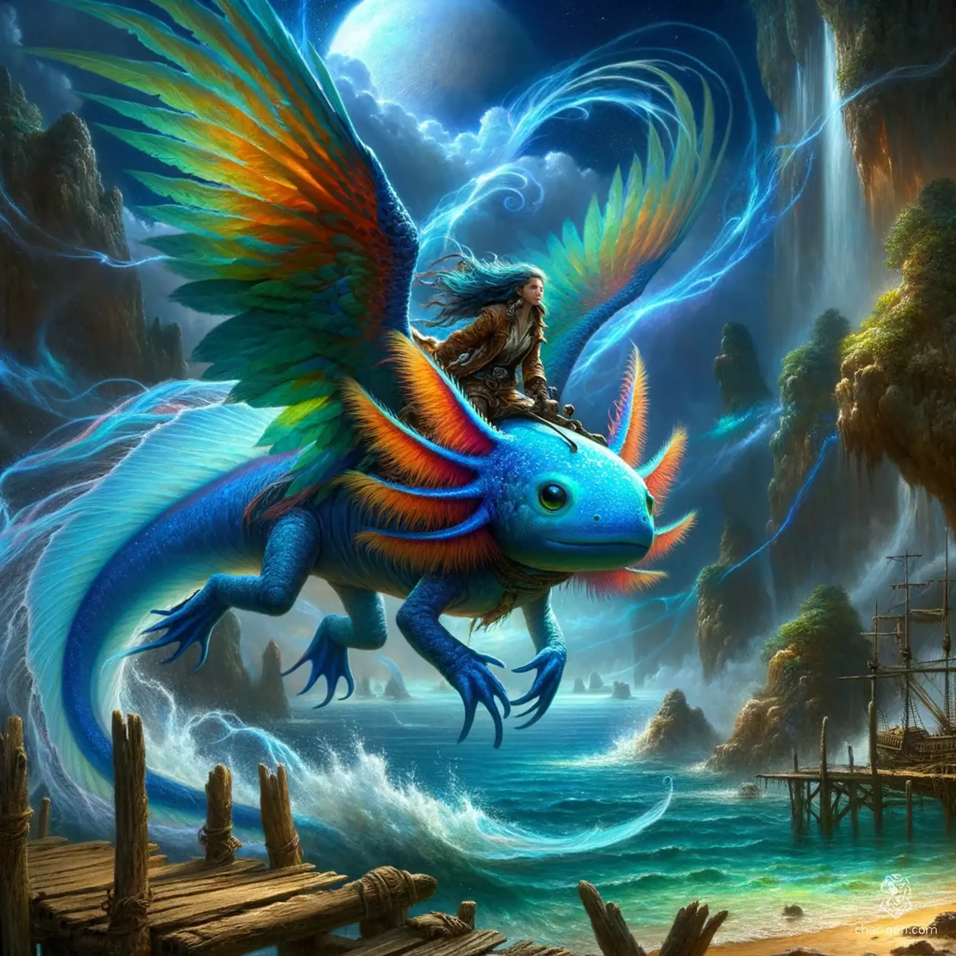 The Blue Axolotl Mount is an enchanting creature with luminous skin and parrot-like wings. Harnessing the power of the storm, it shoots across damp caverns under a full moon sky. Riders, like the daring pirate captain, experience breathtaking journeys of electrifying leaps across mysterious landscapes.