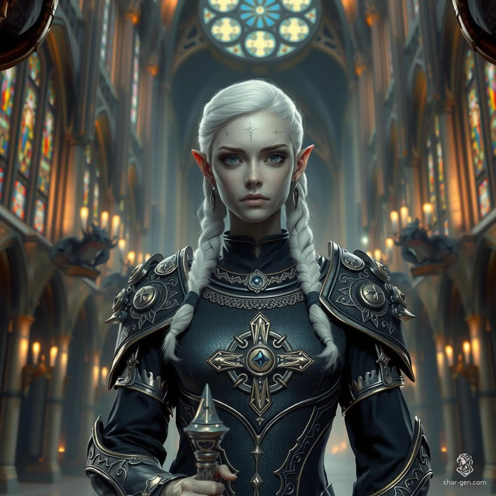 Thaveza is a 22-year-old female Drow cleric with a serene demeanor. She stands 5'10" with a medium build, light skin, striking blue eyes, and bright pure white hair styled in curly braids. Wearing intricately detailed chain mail, she prominently holds a mace. Raised by priests after her mother, a sorcerer, died, she excels in healing, wise beyond her years but is suspicious of strangers.