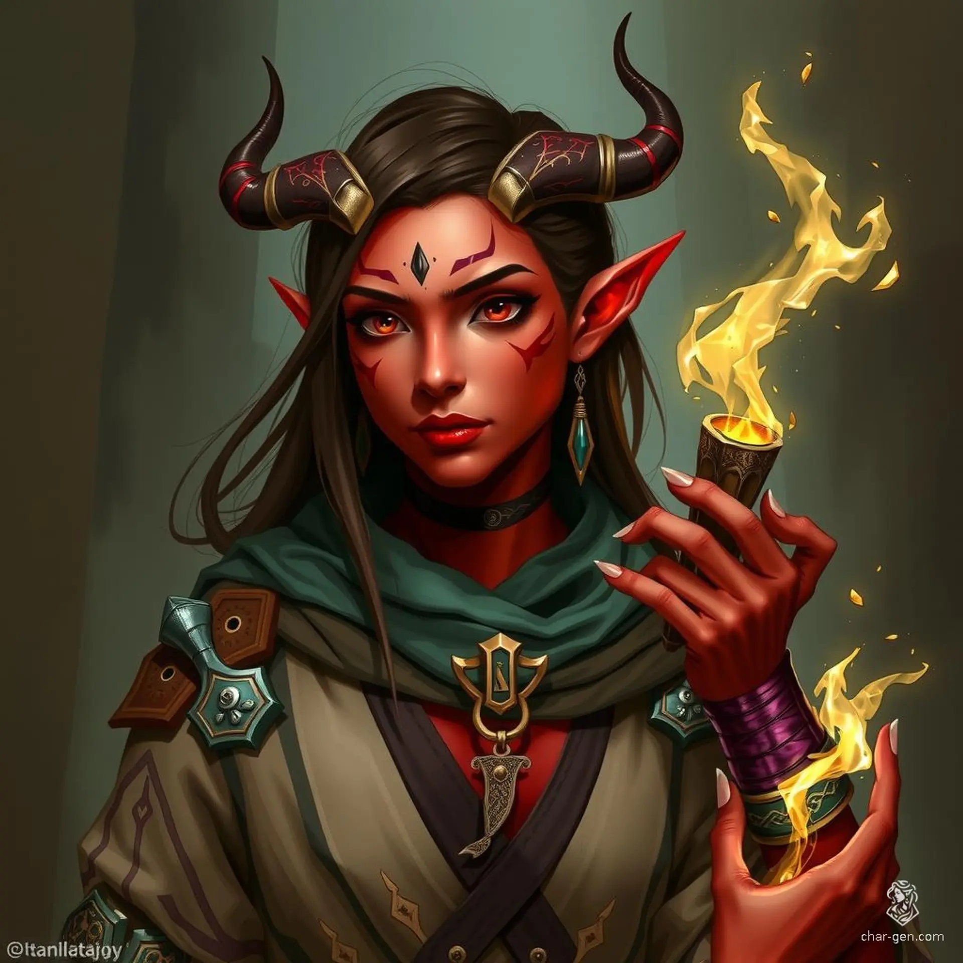 A fiery and enigmatic presence, this female tiefling sorcerer wields powerful arcane magic. She has striking red skin, small horns, and a commanding aura, blending both diabolic and mystic elements to captivate and intimidate.