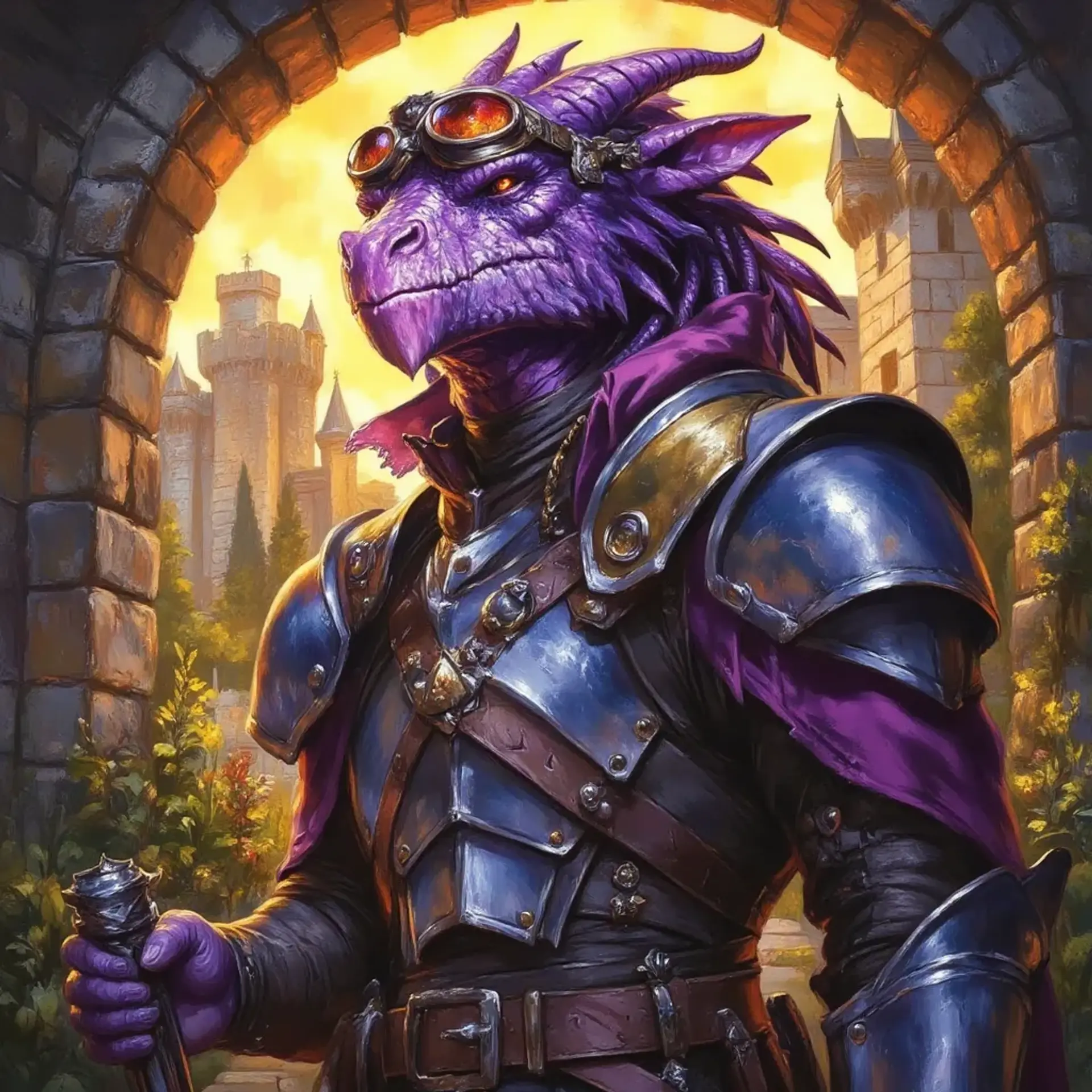 Meet Kaelith, a 30-year-old male Gem Dragonborn artificer. With intricate goggles perched atop his head, he expertly wields a variety of mechanical devices. His distinct purple skin shimmers in the light, embodying both the craftsmanship of his creations and the mystique of his draconic heritage.