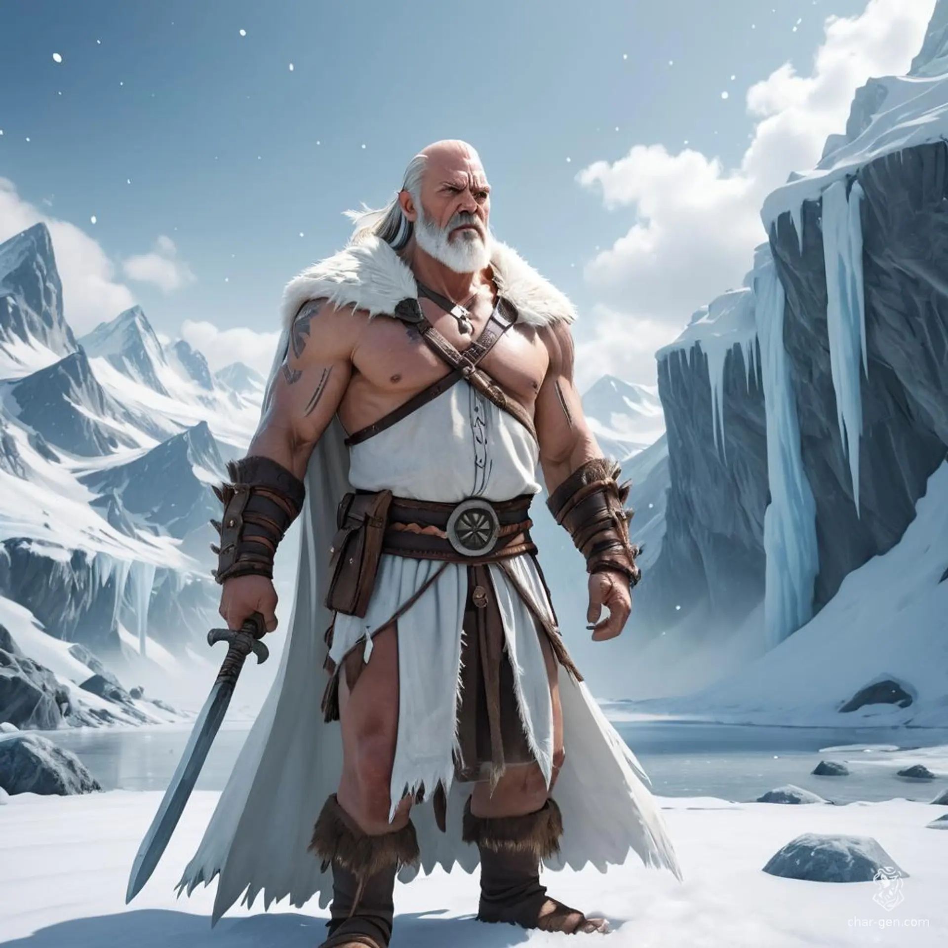 Elder Chief Grimbold, a burly barbarian in his 60s, commands respect with his fierce demeanor and wild spirit. His balding head and pale white beard contrast sharply with his rugged, fur-lined cloak, marking him as a formidable leader in his humble village.