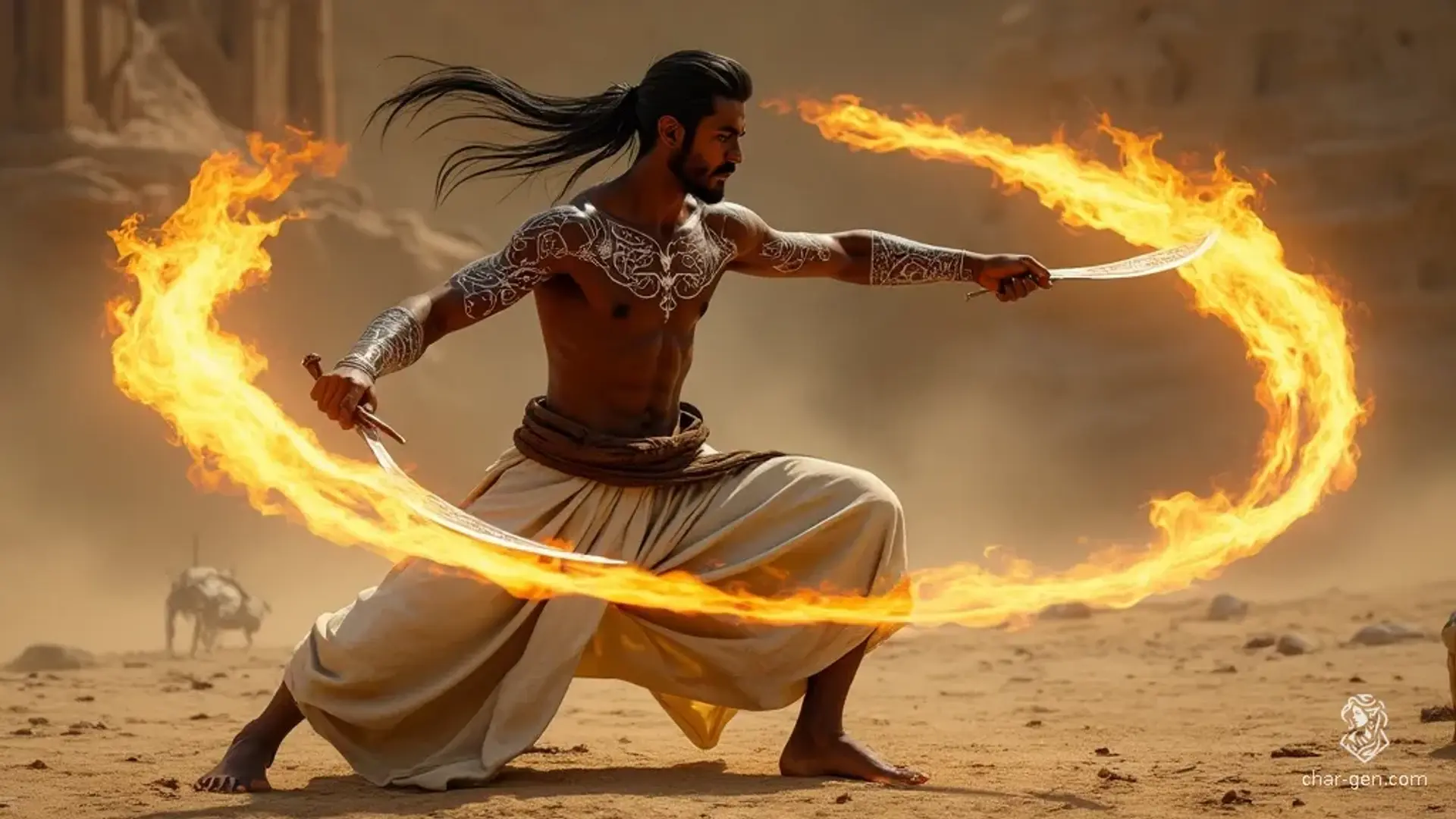 In a surreal desert under a dim sun, a young Muslim male Dervish exudes tranquility with dark skin illuminated by radiant white tattoos. Shirtless, adorned in a flowing white skirt and brown leather belt, he wields two flaming scimitars in a dynamic, whirling pose, encircled by arcs of fire.