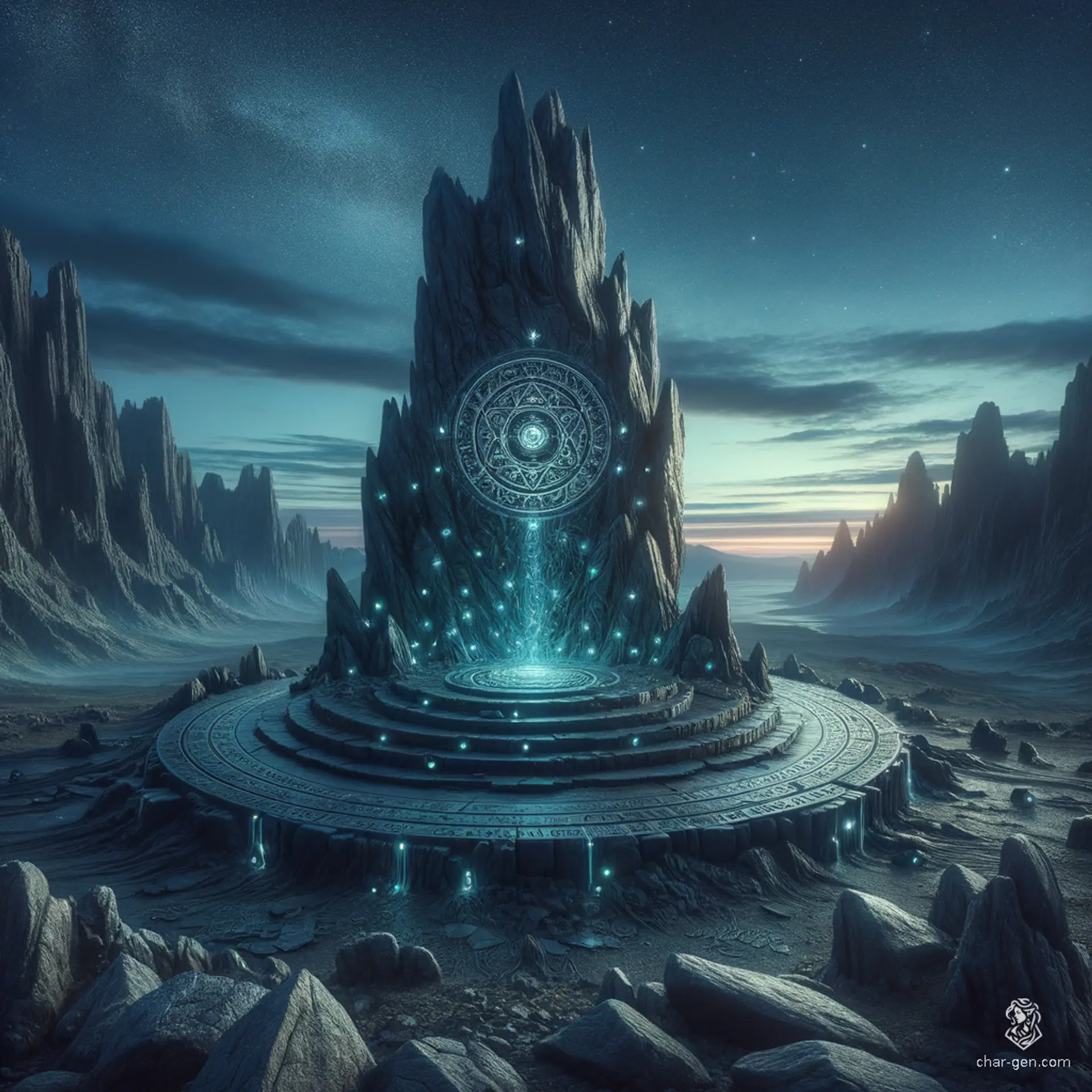 Amidst a desolate expanse, a 15-meter stone altar rises, weathered yet imposing. Surrounded by swirling mists and jagged cliffs, it cradles a shimmering black metal disc, pulsating with a mysterious energy. The landscape, both eerie and majestic, echoes with ancient secrets waiting to be unveiled.