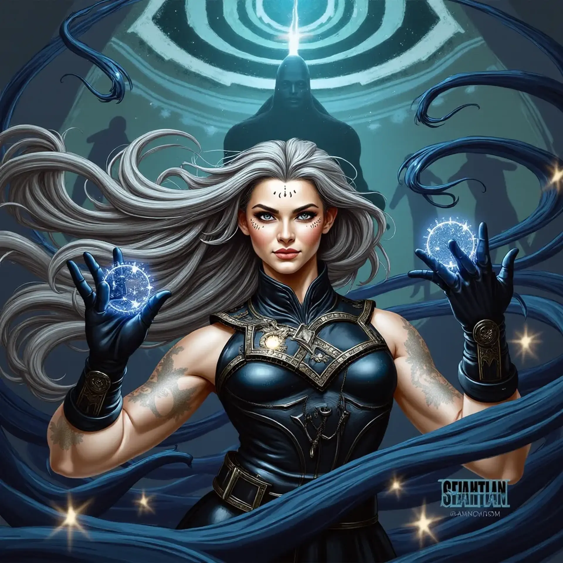 In a shadowy, ethereal realm, a tall female fetchling courier wields shadow spells with finesse. Her gray skin and dark silver hair blend seamlessly into the darkness, while glowing starlit eyes and black tear tattoos enhance her mysterious presence. Shadow tendrils dance around her as she commands ethereal forces, a shadowbound dagger glinting at her side.