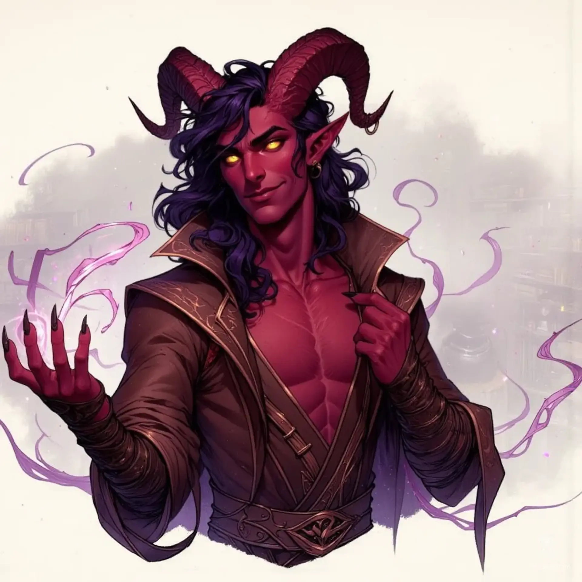 A tall Tiefling sorcerer in his early thirties, he boasts deep crimson skin, vivid purple hair, and striking yellow eyes. Adorned in enchanted leather mage armor and a flamboyant cape, his charismatic aura and swirling magic enhance his charm as he deceives crowds with tricks and false remedies.