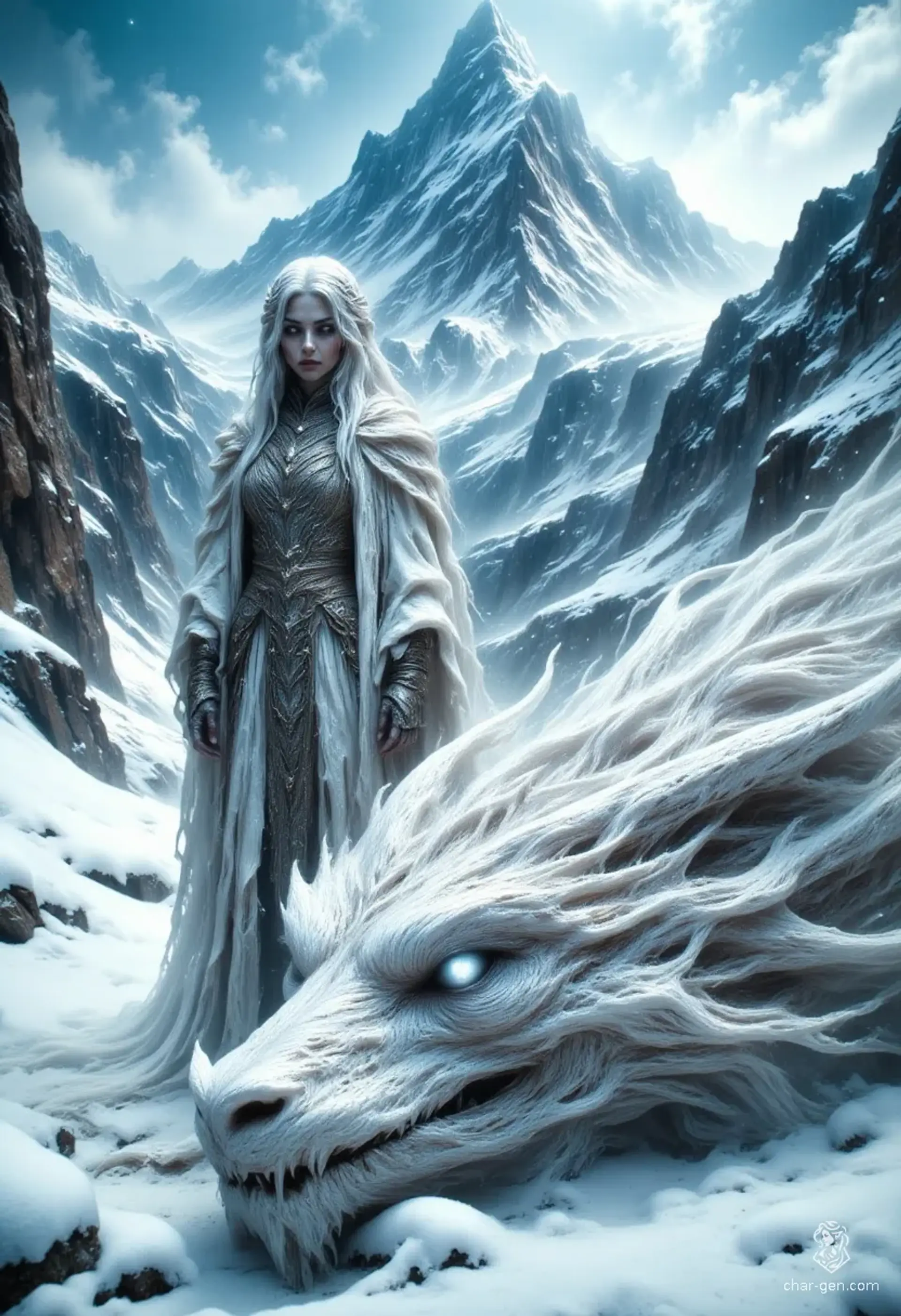 A strikingly beautiful Nordic ranger, this middle-aged warrior possesses flowing grayish-white hair and piercing black eyes. Clad in master-crafted silver armor and a fur shawl, she stands majestically next to the head of a silvery dragon against a dramatic snowy mountain backdrop.