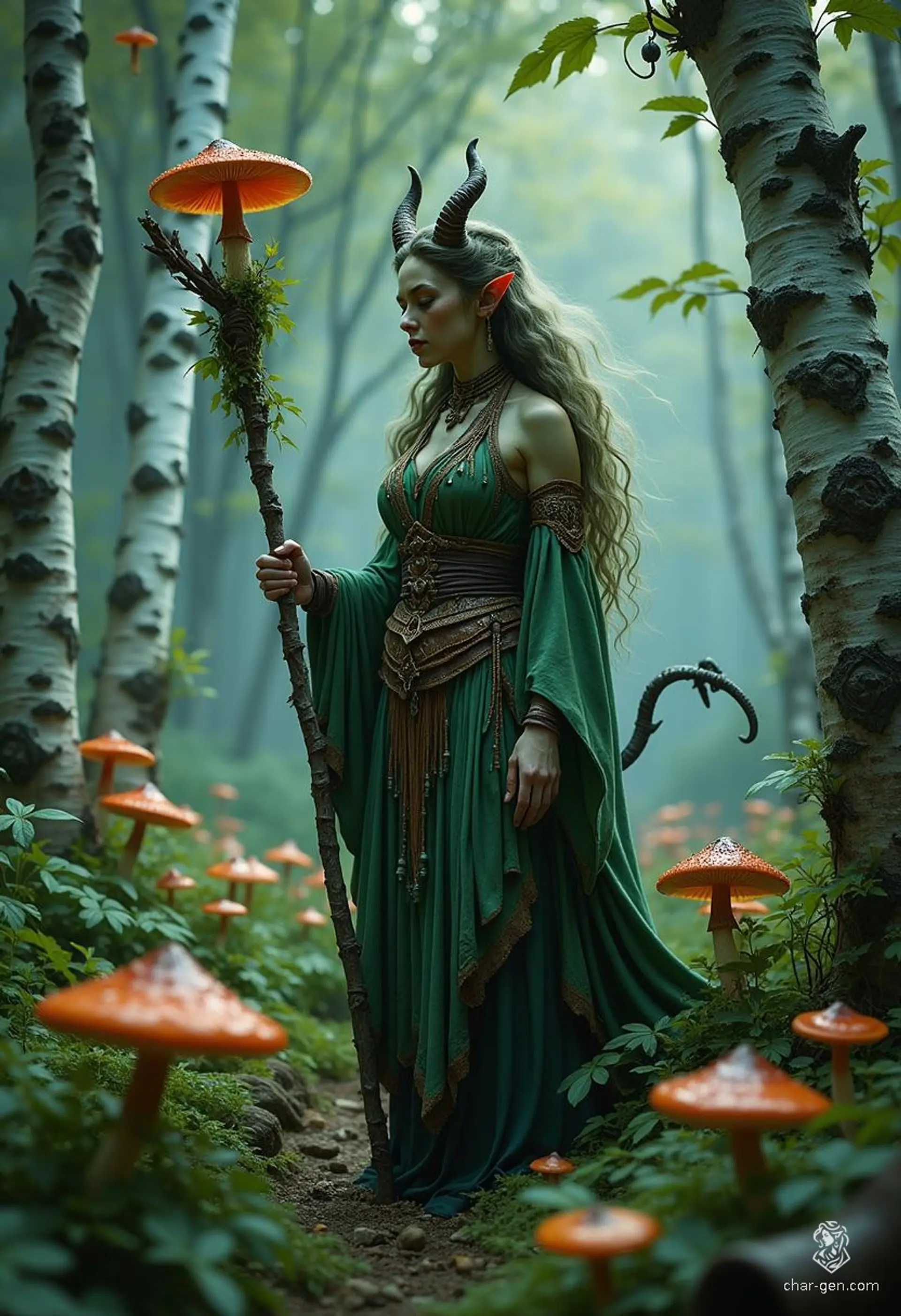 Lilith Valmoira, a wise Tiefling druid, navigates the cursed forests of Barovia with her twig-adorned staff and loyal animal companions. Distinctive for her green skin, devil-like horns, and intricate hides, she embraces her connection to nature, seeking solace among mushrooms while grappling with her dark heritage.