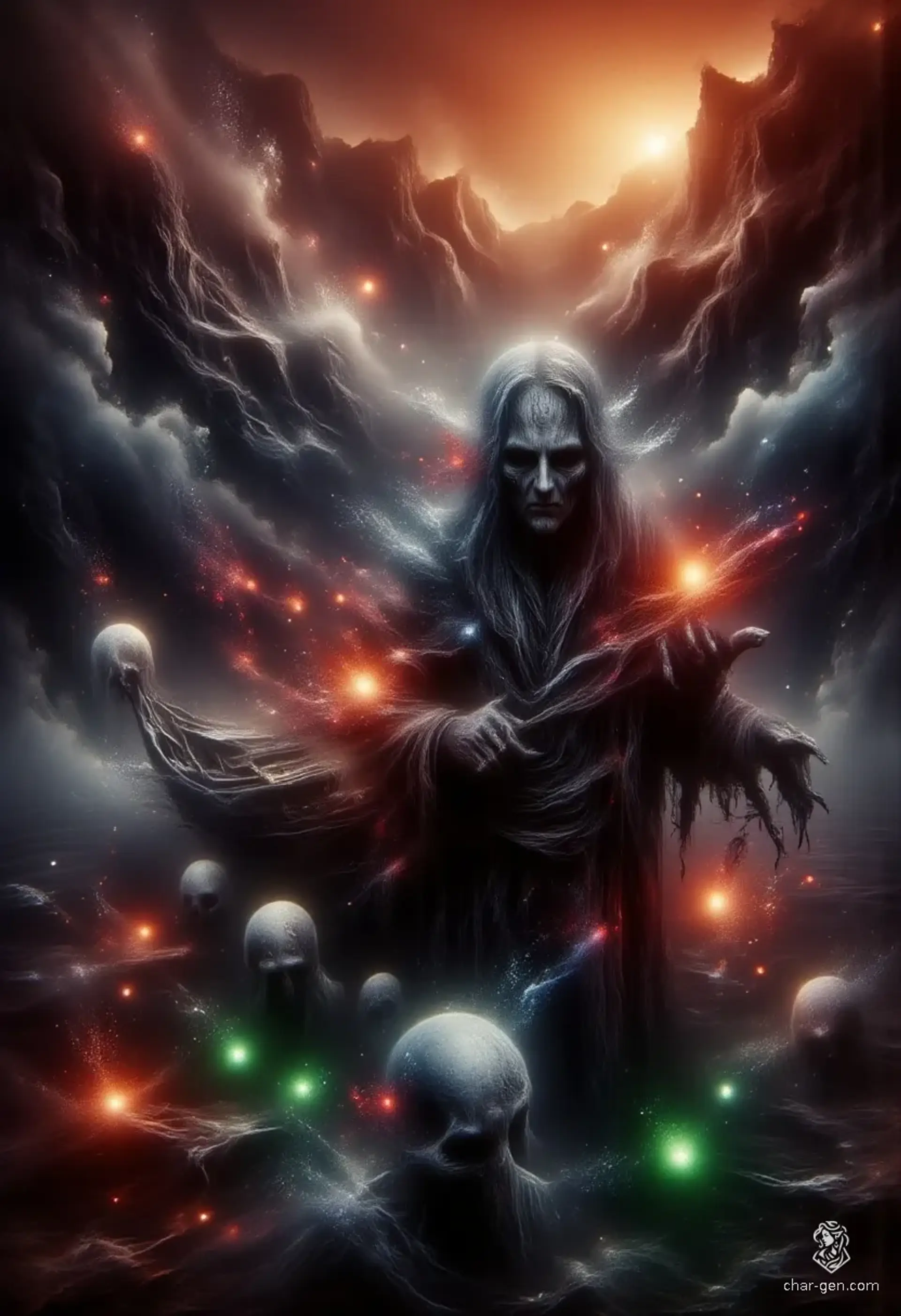 Amidst a blood-red sea, an ancient crone stands on a decrepit boat, her haggard form illuminated by a flickering lantern. Wrinkles map her face, and arcane sigils swirl around her, hinting at her warlock powers. Shadows of lost souls rise from the depths, drawn to her eerie aura.