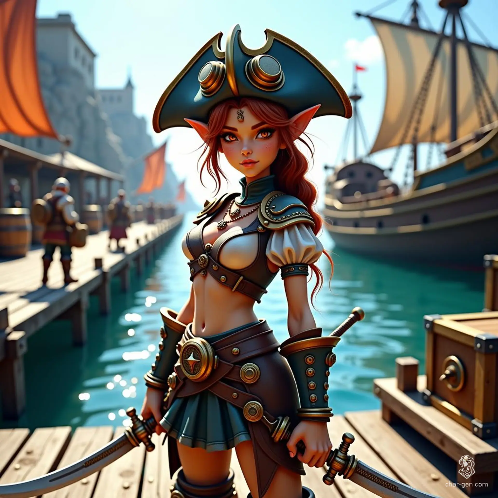 A daring female gnome artificer, she navigates the high seas as a crafty pirate. Adorned with intricate goggles and a tricorn hat, she wields a cutlass with finesse, using her mechanical devices to uncover hidden treasures and outsmart foes on her adventurous quests.