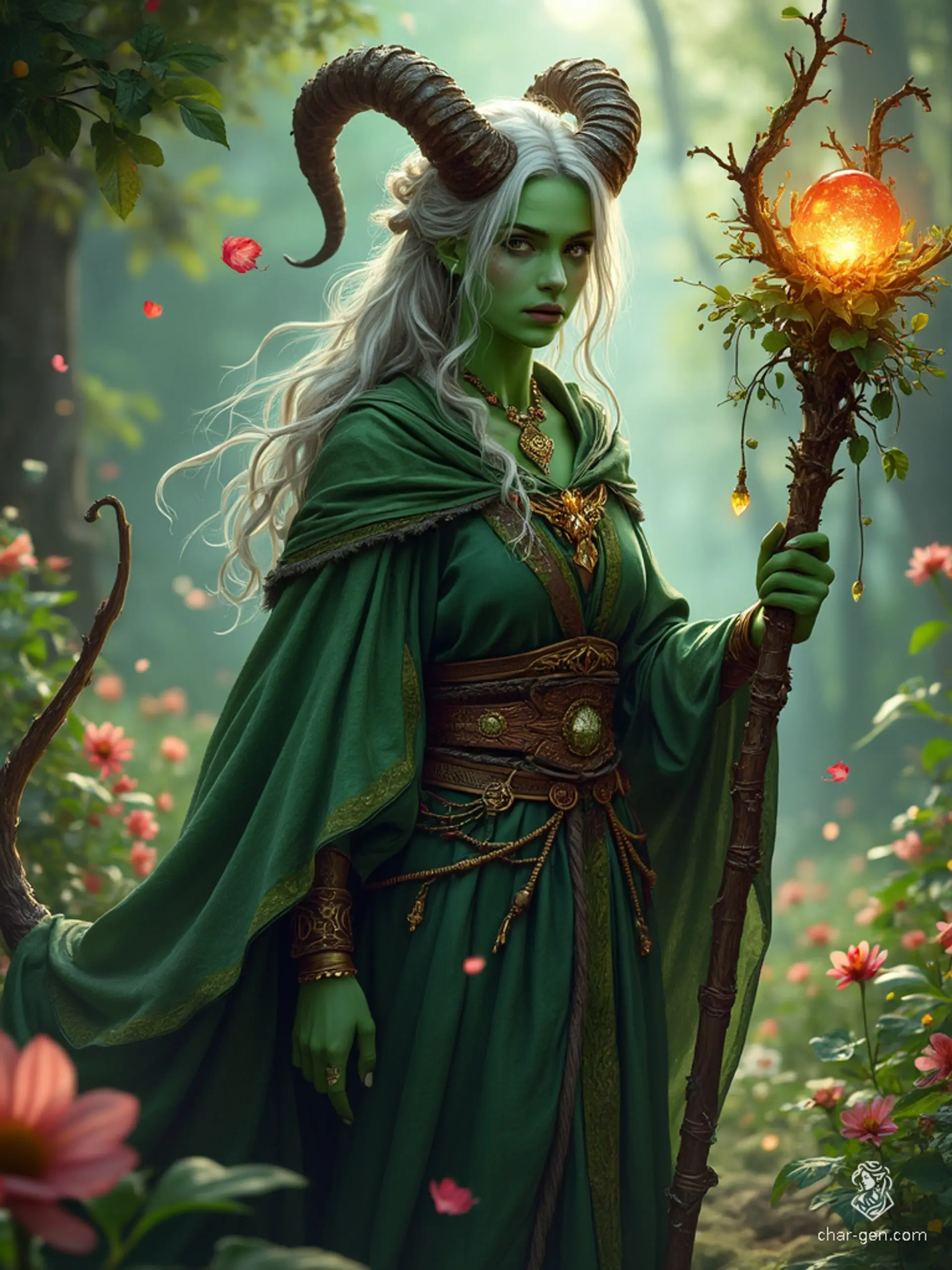 Lilith Valmoira, a 327-year-old female tiefling druid, boasts green skin, horns, and a long tail. Abandoned for her appearance and raised resentful, she found solace in nature. Known as the Green Giant, she wields a twig-adorned staff and has a deep bond with animals, making her an esteemed sage.