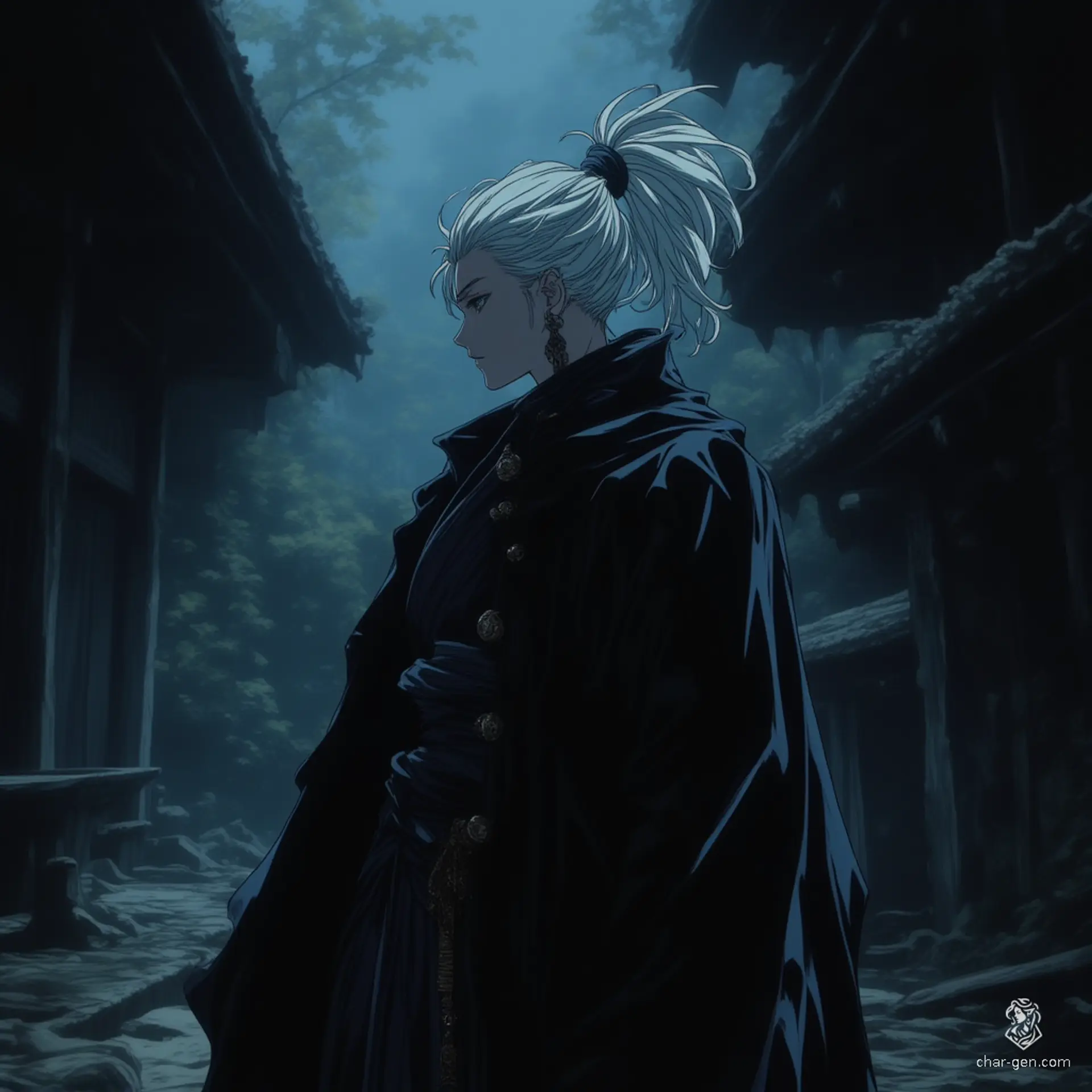 In a shadowy medieval dojo, a formidable white tigerborn monk stands poised. Shirtless, with a short, elegant ponytail of white hair, he embodies the gritty essence of dark fantasy. Bathed in dramatic lighting and deep shadows, his intricate tattoos tell a story of resilience and strength in a hauntingly beautiful world.