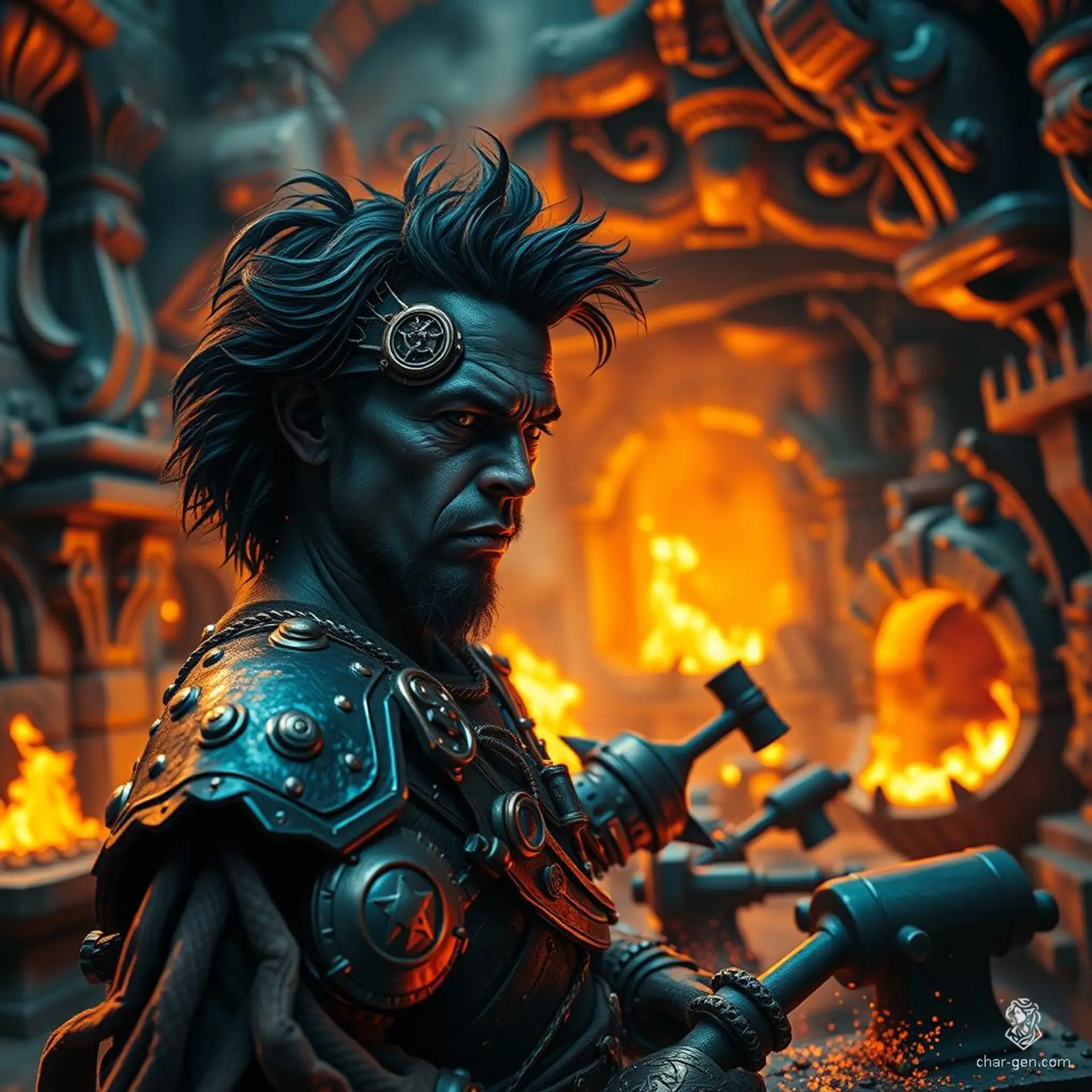 Thorin, a dark-skinned male dwarf artificer, expertly hammers away at his forge, surrounded by intricate mechanical devices and intricate goggles perched on his brow. He breathes life into tools and weapons, each creation accompanied by the rhythmic dance of sparks and the echoing clang of metal.