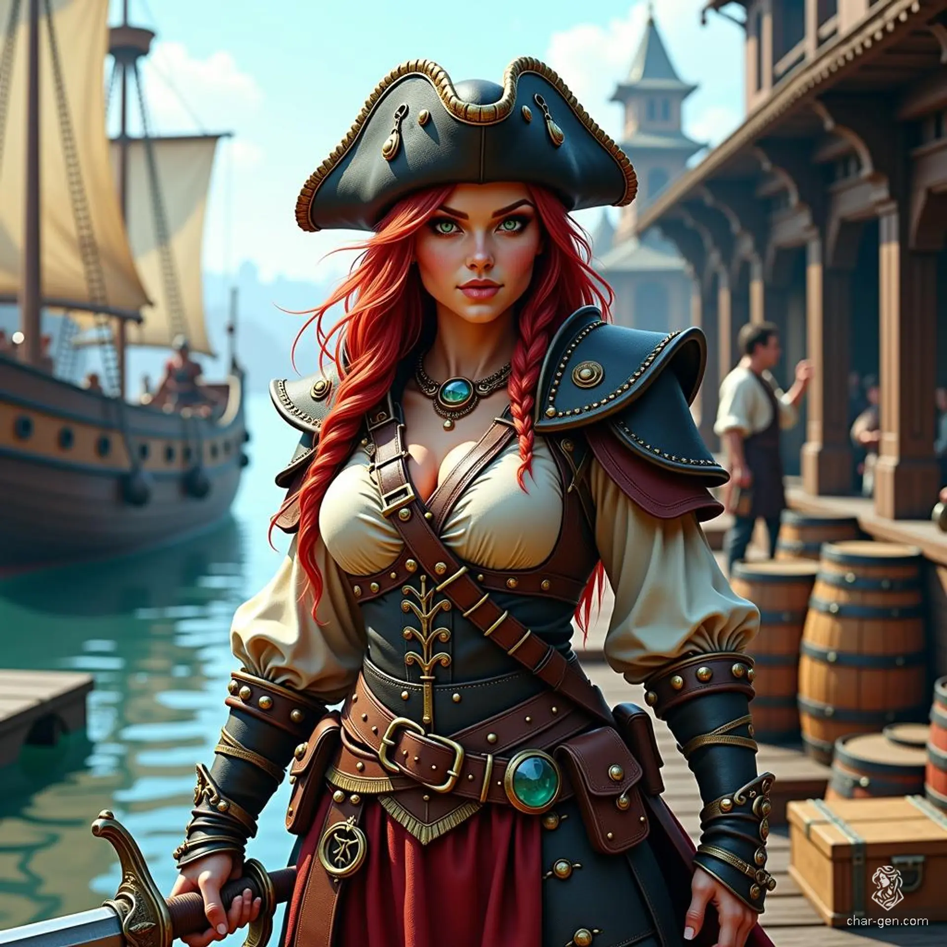 Captain Sable Gearwhistle, a hefty halfling artificer in her forties, navigates the high seas with her intricate goggles and mechanical gadgets. Clad in a tricorn hat and wielding a cutlass, she relentlessly seeks treasure, her wise eyes revealing countless adventures.