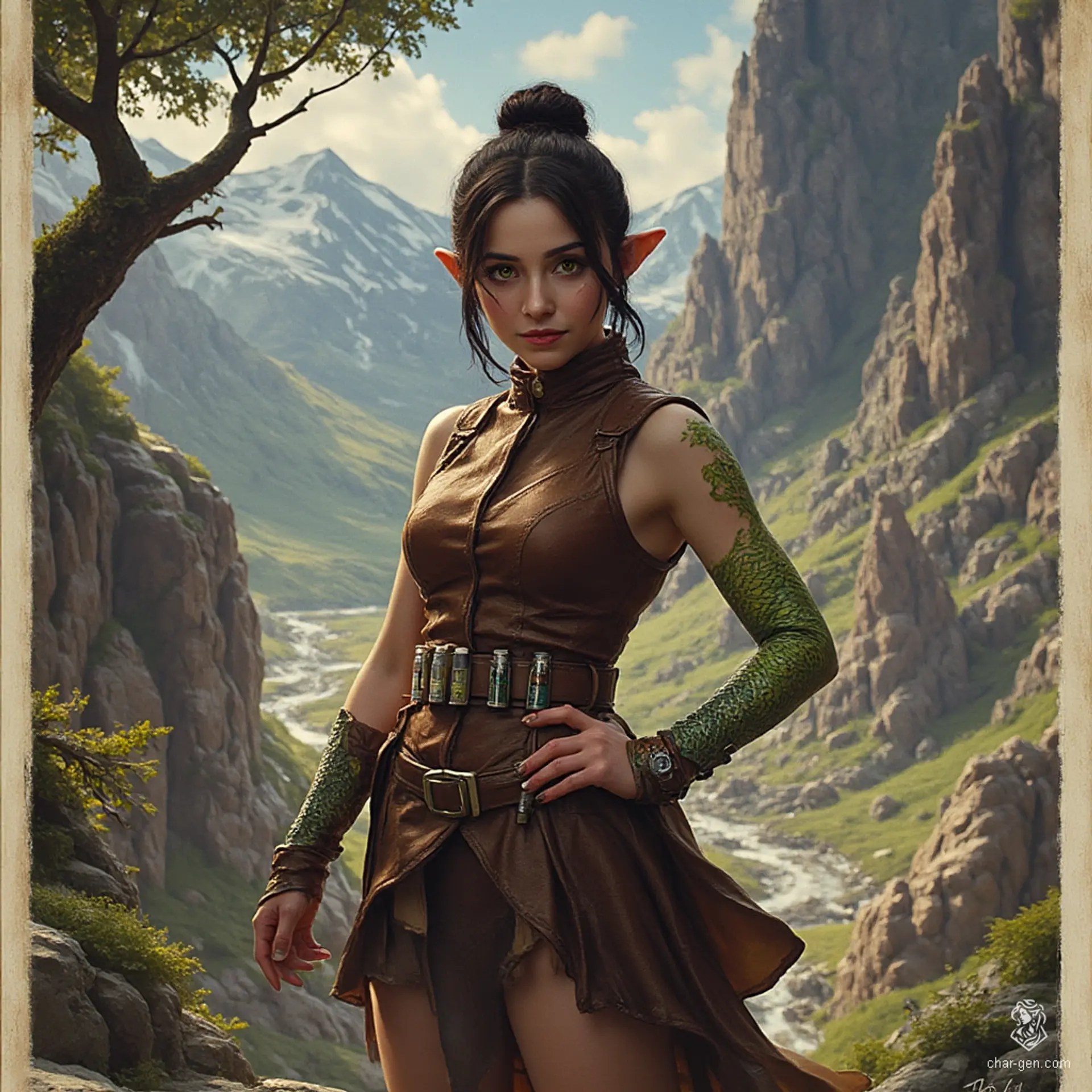 Izzy, the newly emancipated halfling assassin, is a perky yet deadly crossbow specialist. Standing at 1.5 meters, she possesses an alluring figure and snake-like yellow-green eyes. Adorned in a tight brown leather tunic, her shimmering green scales hint at her dangerous nature. With concealed daggers at the ready, she embodies stealth and cunning in her thrilling pursuit of prey.