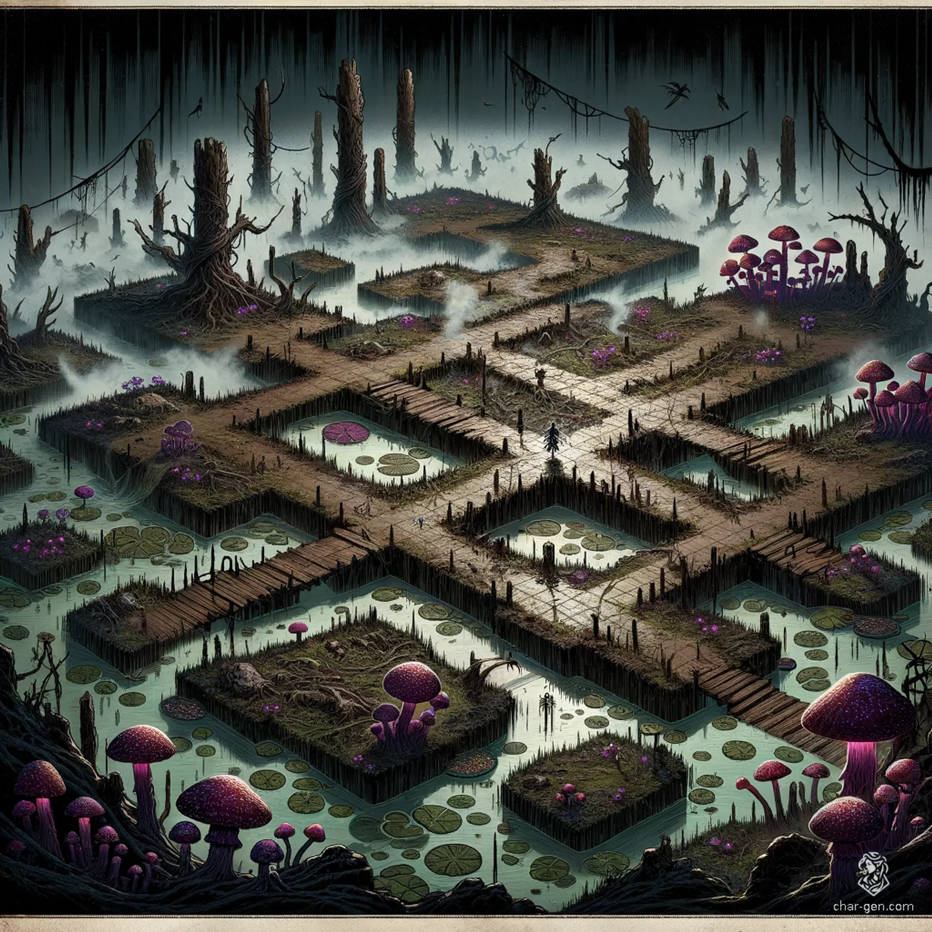 In this eerie marshland, sticky mud squelches beneath your feet, while tangled mangroves loom over opaque pools. Glowing crickets serenade lurking frogs, and colorful, toxic mushrooms sprout from rotting stumps. A crumbling highway bridge, cloaked in fog, hides secrets and dangers—beware of traps set by ancient forest guardians!