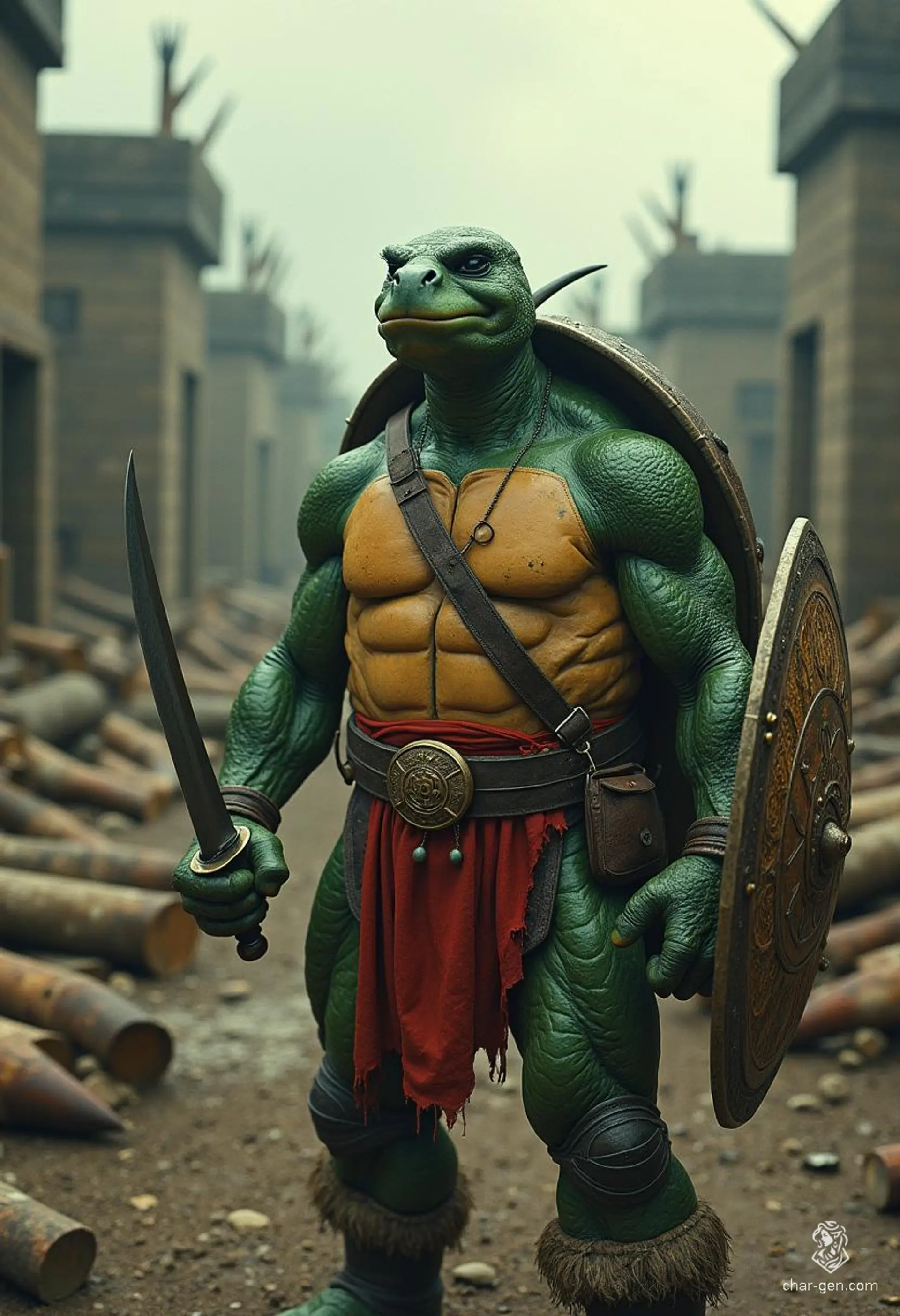 Snaps is a 5'10" charming tortle sorcerer and pirate, adorned in enchanted garments and arcane sigils. With his sturdy shell, vibrant green skin, and striking black eyes, he wields lightning's power and a formidable dagger. For Snaps, the sea embodies freedom, and courage is his unyielding creed.