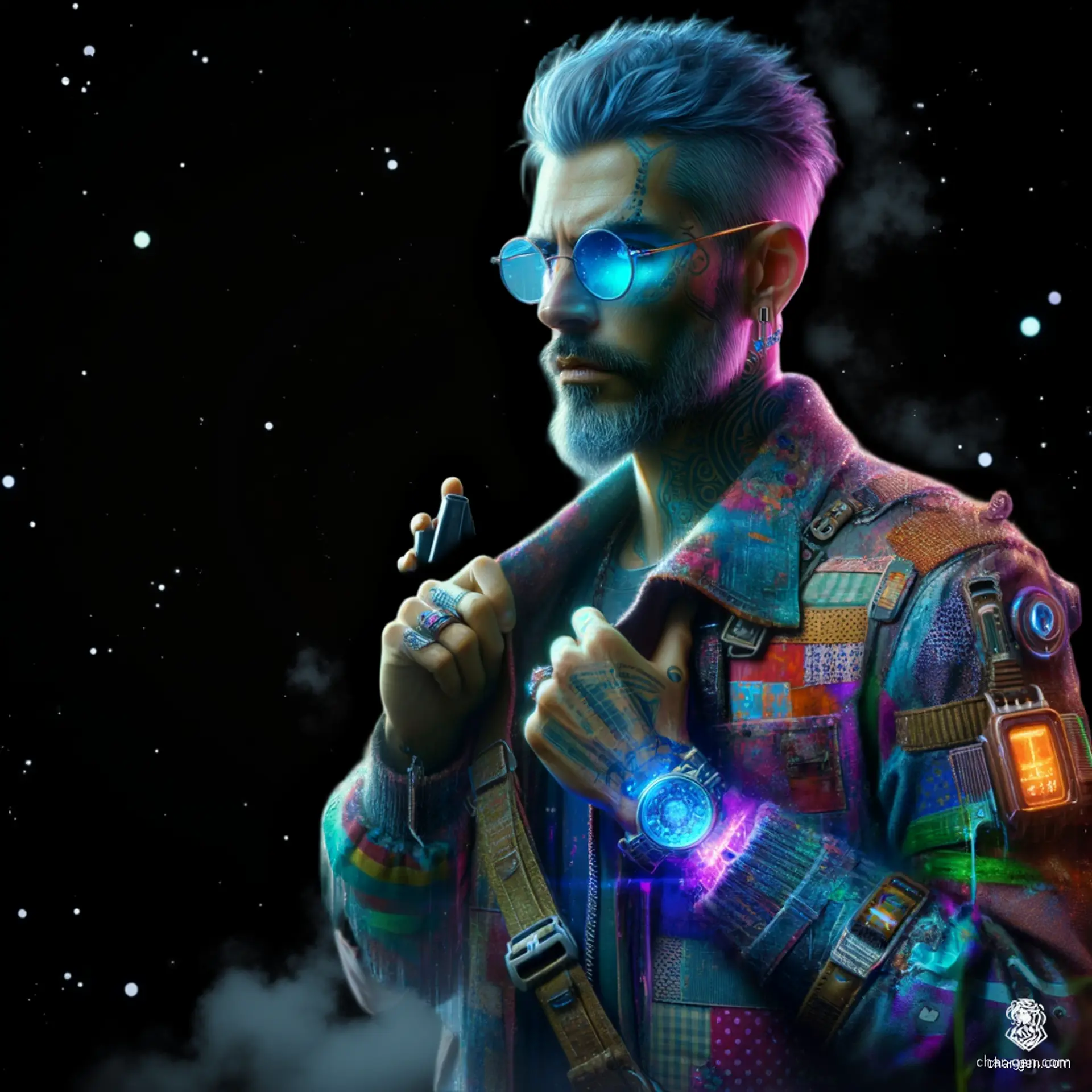 A tan-skinned male artificer, with long greying hair accented by blue strokes, wears a stylish jacket adorned with chaotic floral patches. His intellectual gaze behind light blue oval glasses hints at wisdom. As a magical courier, he weaves through realms with intricate gadgets, a tome, and a satchel of enchanted messages.