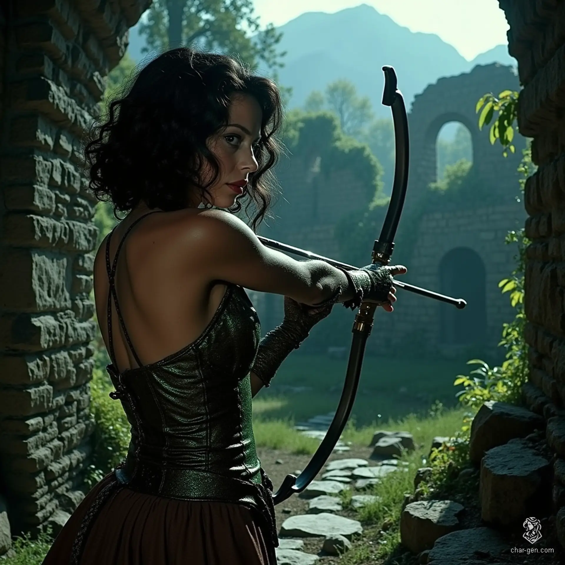 Izzy, a newly emancipated halfling assassin, blends grace and danger. With her medium-toned skin adorned with shimmering green scales, she exemplifies deadly elegance. Armed with a heavy crossbow and vials of poison, her piercing reptilian eyes reflect a thrilling joy beneath a competent facade, poised for the hunt.