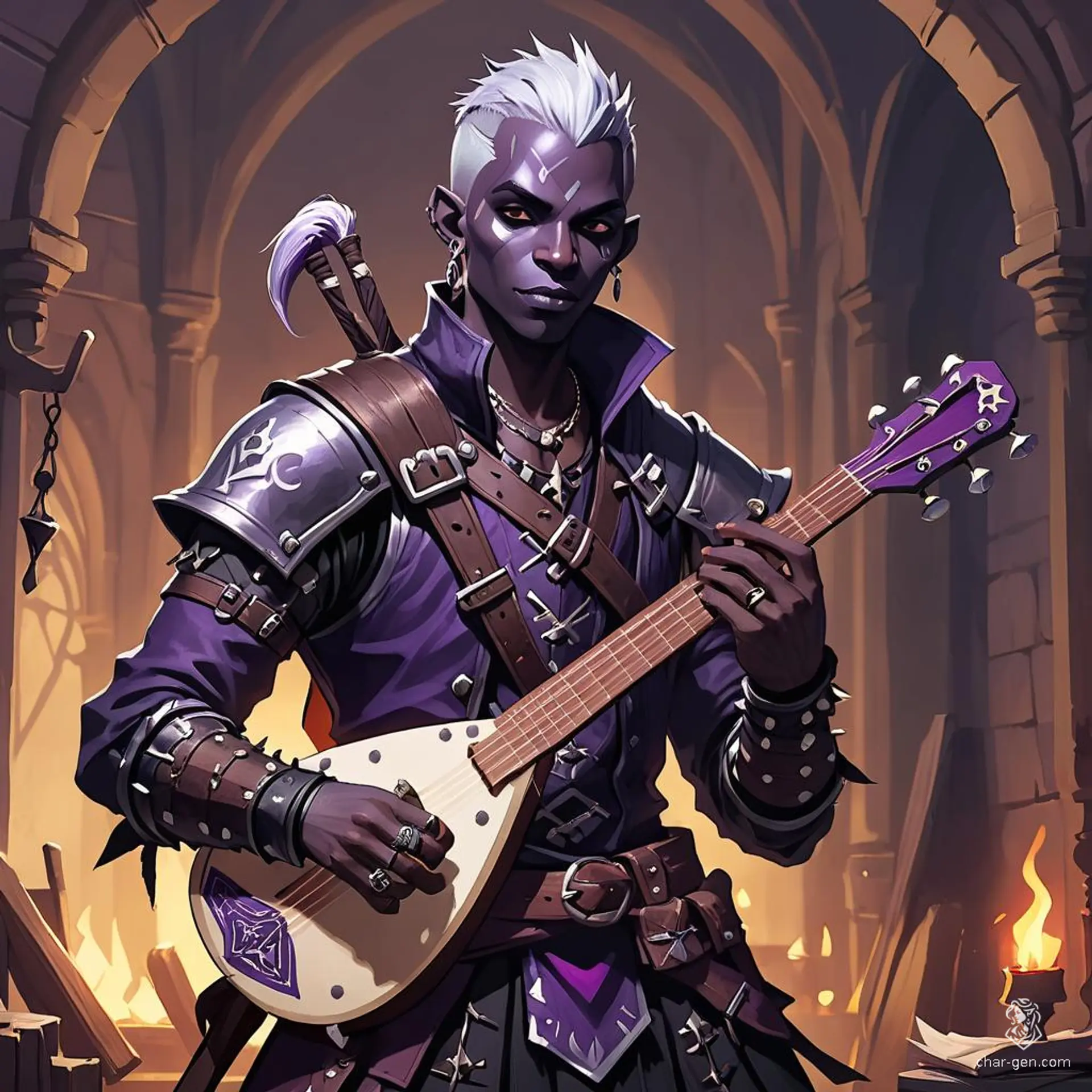 Meet Sid the Shadowstrummer, a male drow bard with dark purple skin, adorned in punk rock armor bristling with spikes and chains. His enchanted lute, emblazoned with lightning bolts, thrums with rebellious energy, ready to unleash chaotic melodies in any tavern or battlefield.