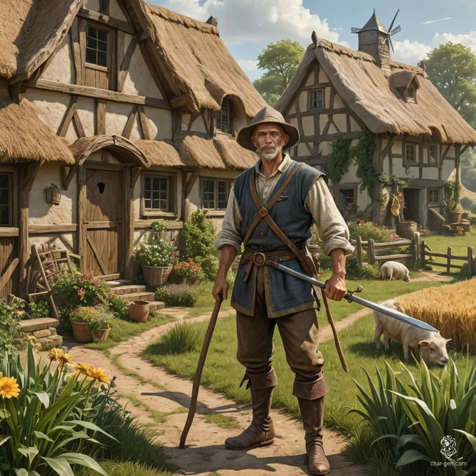 A seasoned half-elf, once an adventurer, now stands tall amidst his fields, the sun kissing his tanned skin. With a confident stance, he wields farming tools with the same finesse as his myriad weapons from bygone battles. Despite his age, his fighter's spirit shines undimmed.