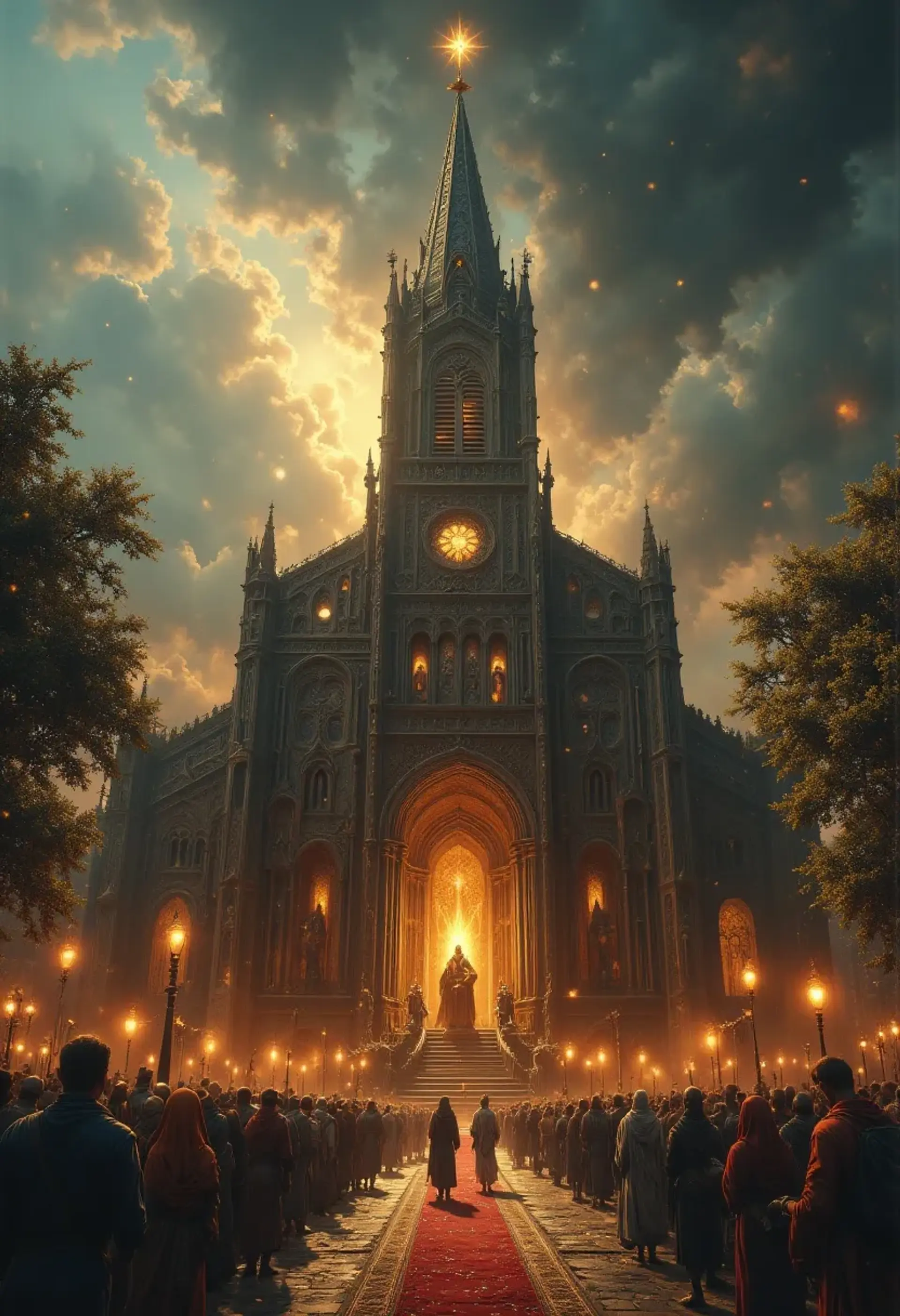 A radiant celestial guardian, cloaked in ethereal robes adorned with intricate patterns of light, stands within an ancient church. Surrounded by atmospheric stained glass, their piercing eyes glow with wisdom, embodying a serene blend of divinity and strength. A protector of faith, they watch over the realm with unwavering devotion.