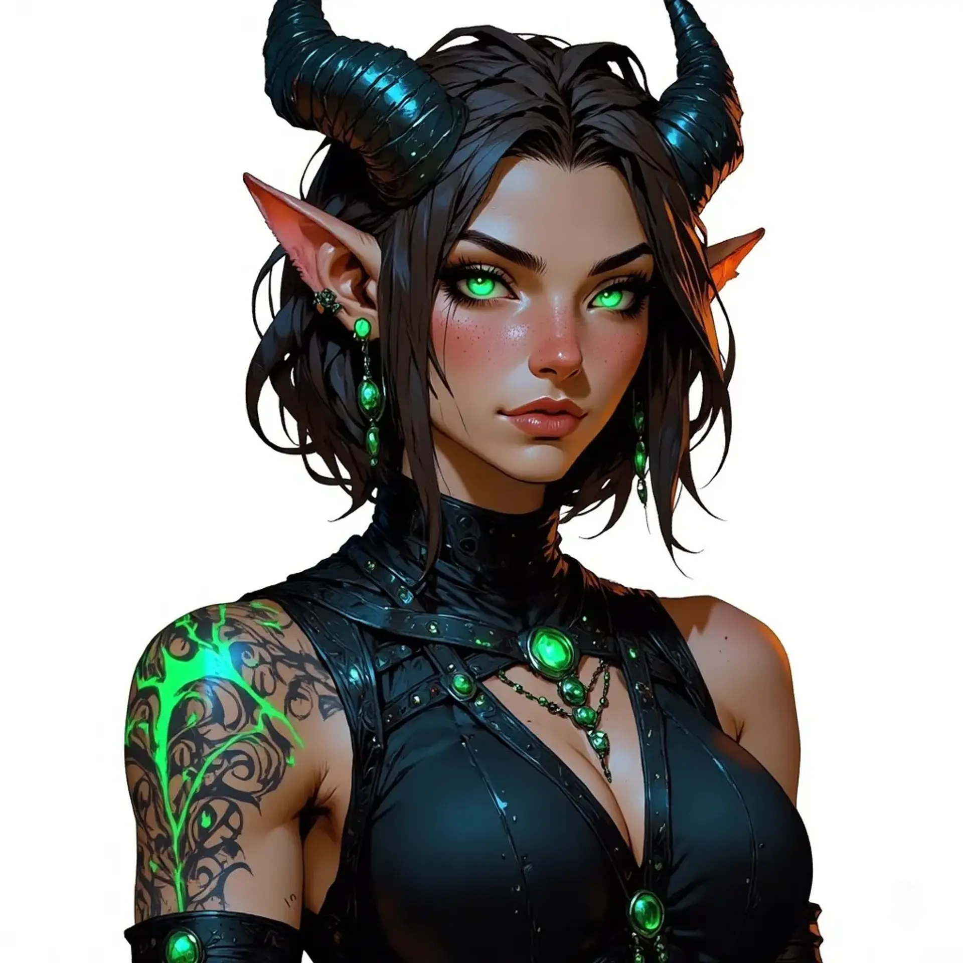 This enchanting middle-aged elf monk exudes a mystic aura with her glowing blue eyes and dark green demon horns. Her shoulder-length dark brown hair frames a tired yet attractive face, marked by wrinkles and frown lines. Adorned in a sleeveless black cord robe, her glowing arm markings hint at her formidable power.