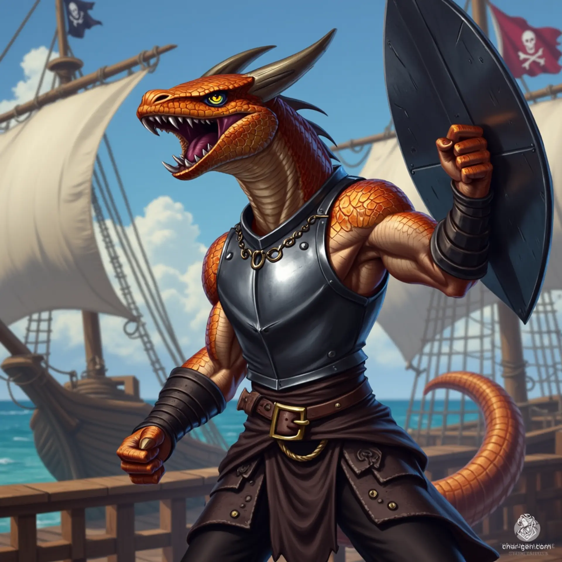Luna, a muscular half-kobold, half-goloma fighter, exudes confidence with glossy copper-black scales and eight spider-like eyes. Clad in a steel breastplate and raising a shield defensively, he snarls fiercely, revealing dragon-like fangs. A dynamic presence, he balances strength and agility, embodying the spirit of a hardened outlaw.