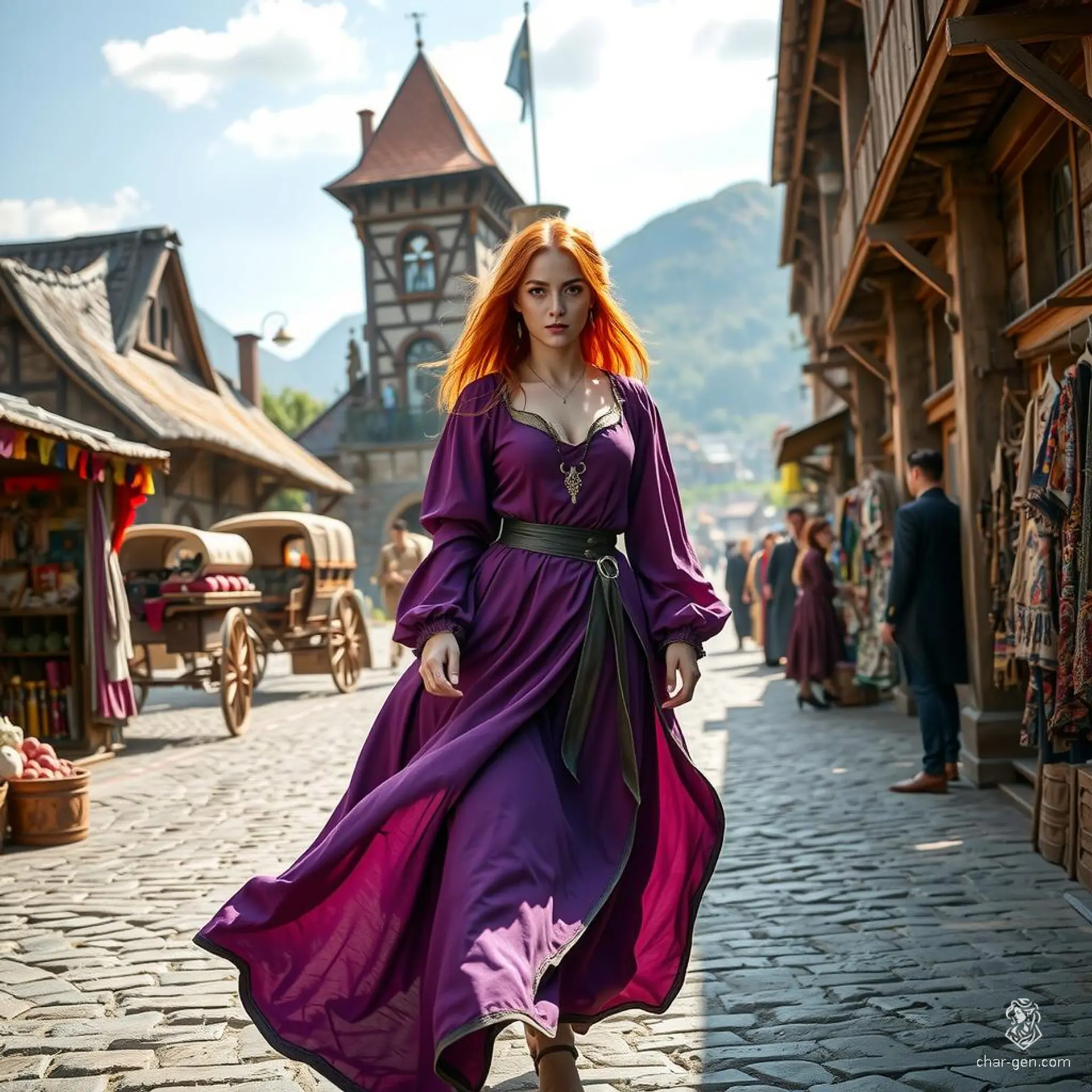 In a bustling medieval town, a 22-year-old woman with copper hair glides gracefully down the cobblestone street, her flowing purple dress catching the golden sunlight. The air is infused with scents of fresh bread and blooming flowers, all set against a backdrop of quaint stone buildings.
