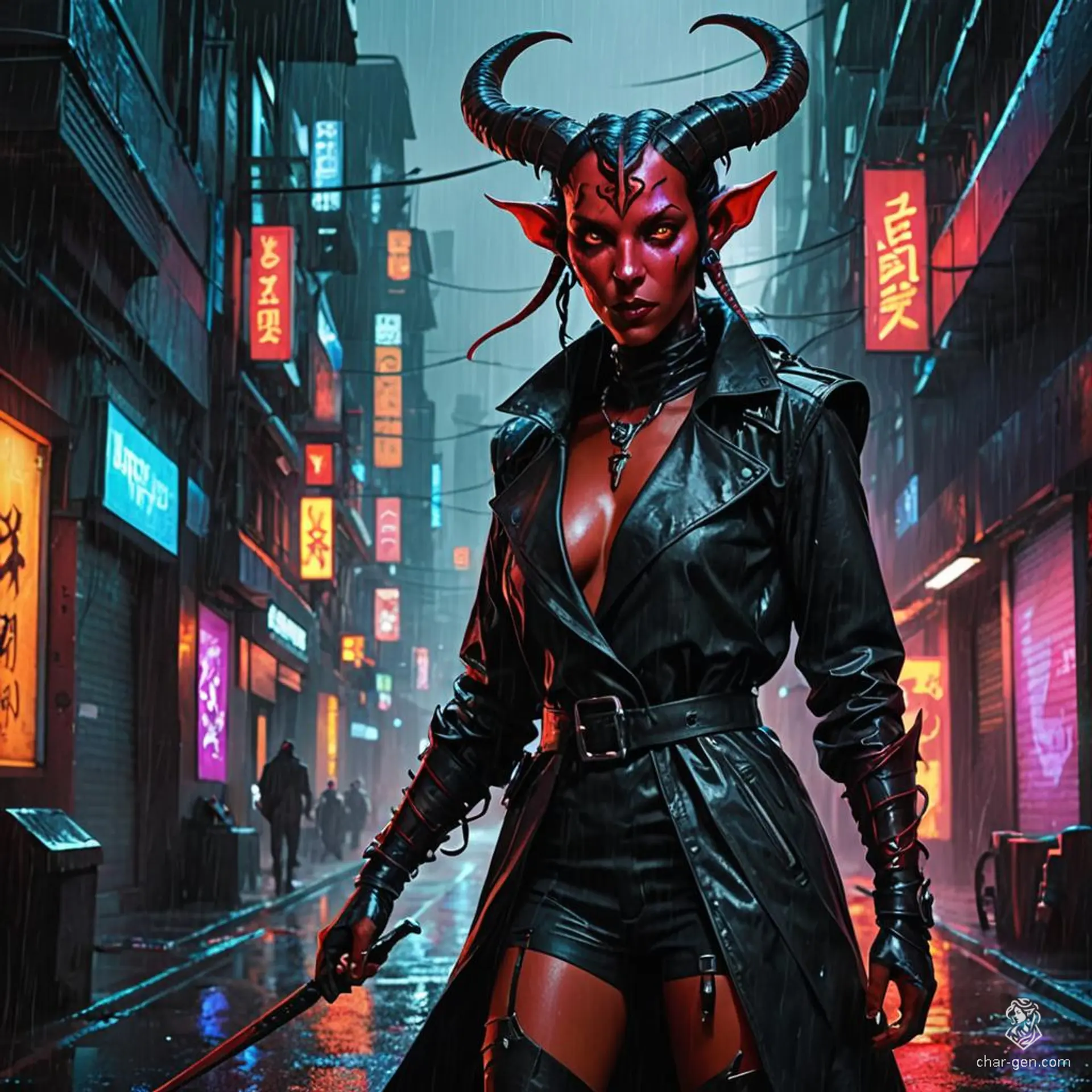 A female tiefling spy, adept at disguises, blends seamlessly into crowds in inconspicuous attire. She skillfully carries secret messages, leveraging her devil-like horns and long tail for subterfuge, while eavesdropping on critical conversations.