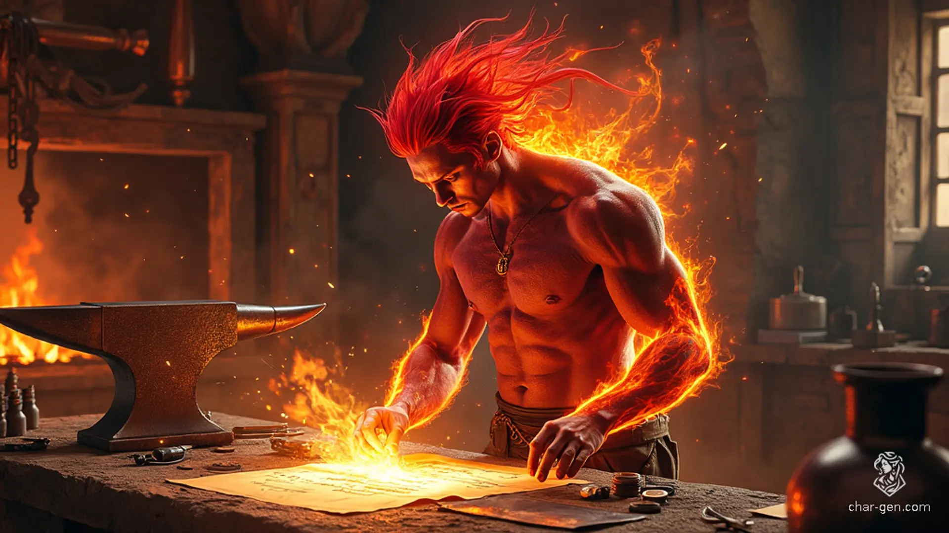 A male fire genasi forger with fiery hair and dark red, flame-textured skin creates fake documents and currency amidst parchment and inks. His glowing, nebula-like presence and burning skin contrast sharply with his mane of flames.