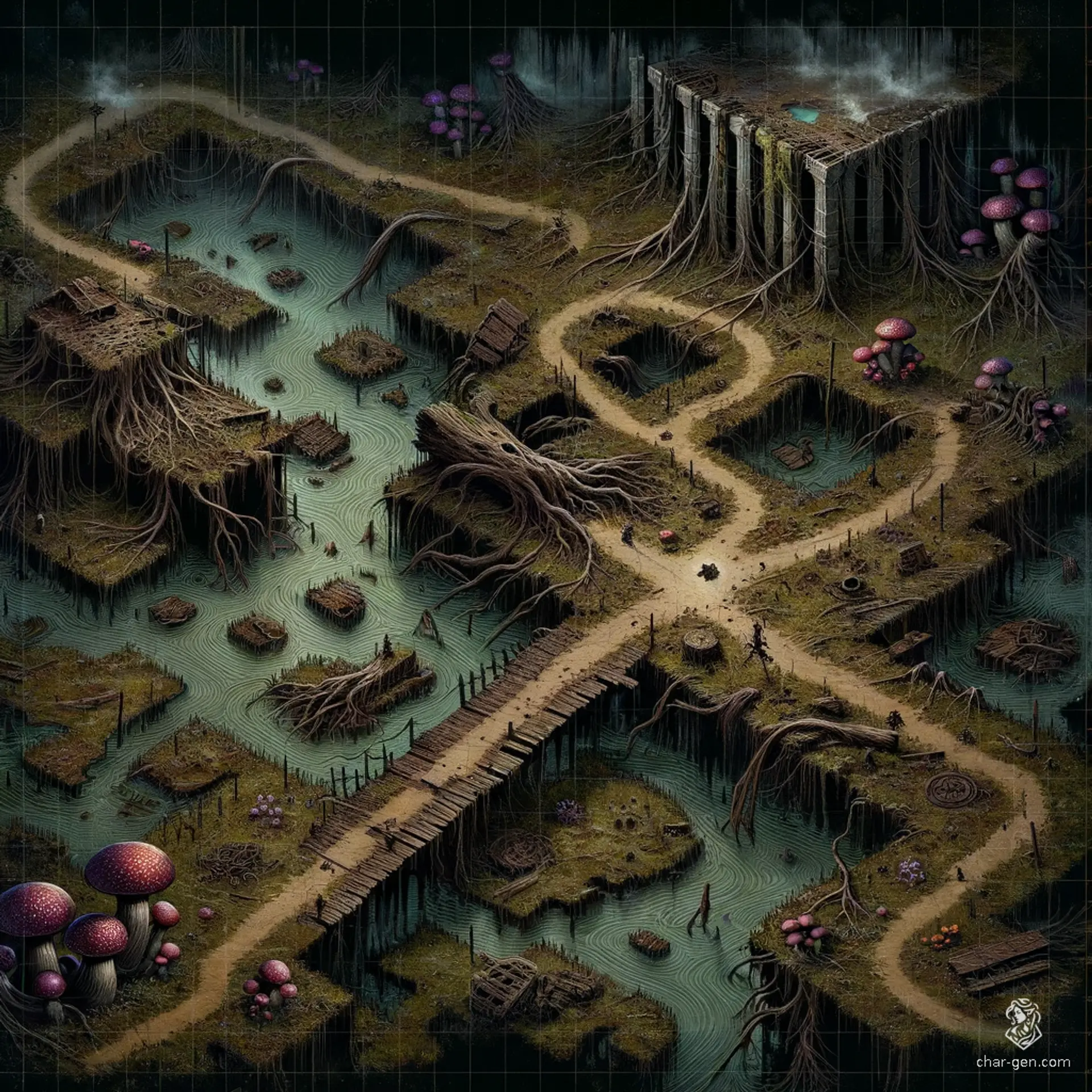 Enter a treacherous marshland where sticky mud squelches beneath your feet and thick fog cloaks the air. Tangled mangroves conceal sinister surprises, and bioluminescent crickets echo eerily while hungry frogs lurk nearby. At the crossroads, ruined highway bridge pillars loom, adorned with giant mushrooms, hiding secrets of the past.