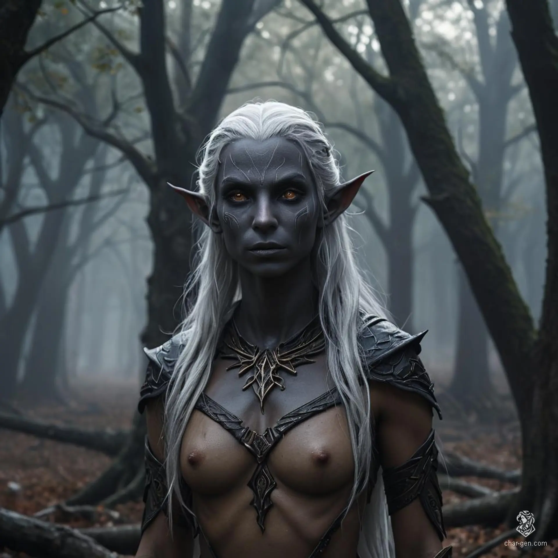 A captivating female dark elf with dark grey skin contrasting sharply against her pure white, long hair. She has purple eyes, a calm expression, and fluid posture, embodying a monk’s serenity. Her toned physique and distinct tan skin texture enhance her striking appearance.