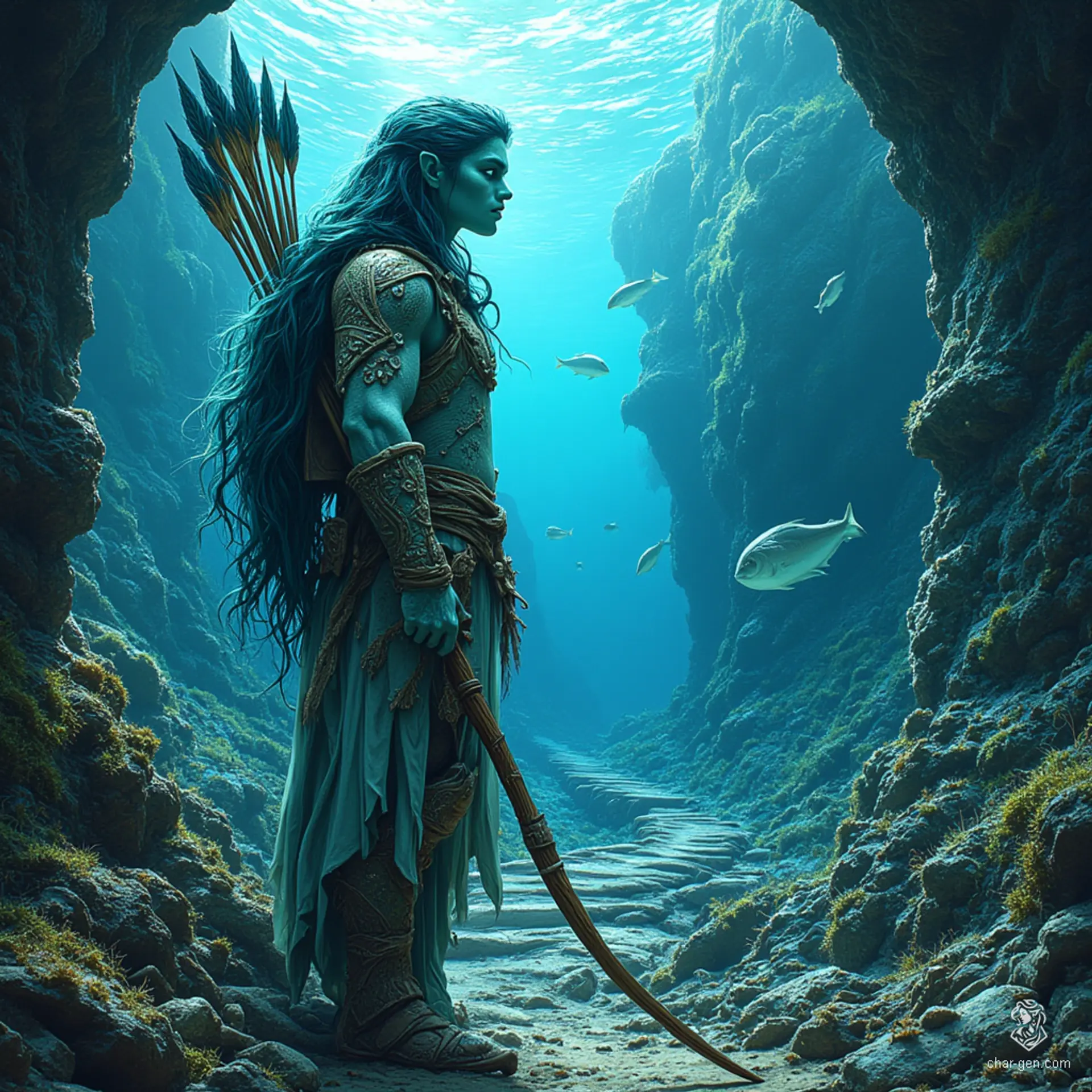 Kael Deepwarden, a proud Triton ranger, glides through ocean depths with bluish-green skin and dark teal hair adorned with seashells. His piercing blue eyes reflect the ocean’s mysteries. Clad in scale armor and armed with a coral-crafted longbow, he patrols both sea and shore, accompanied by his loyal sea otter, Tide.