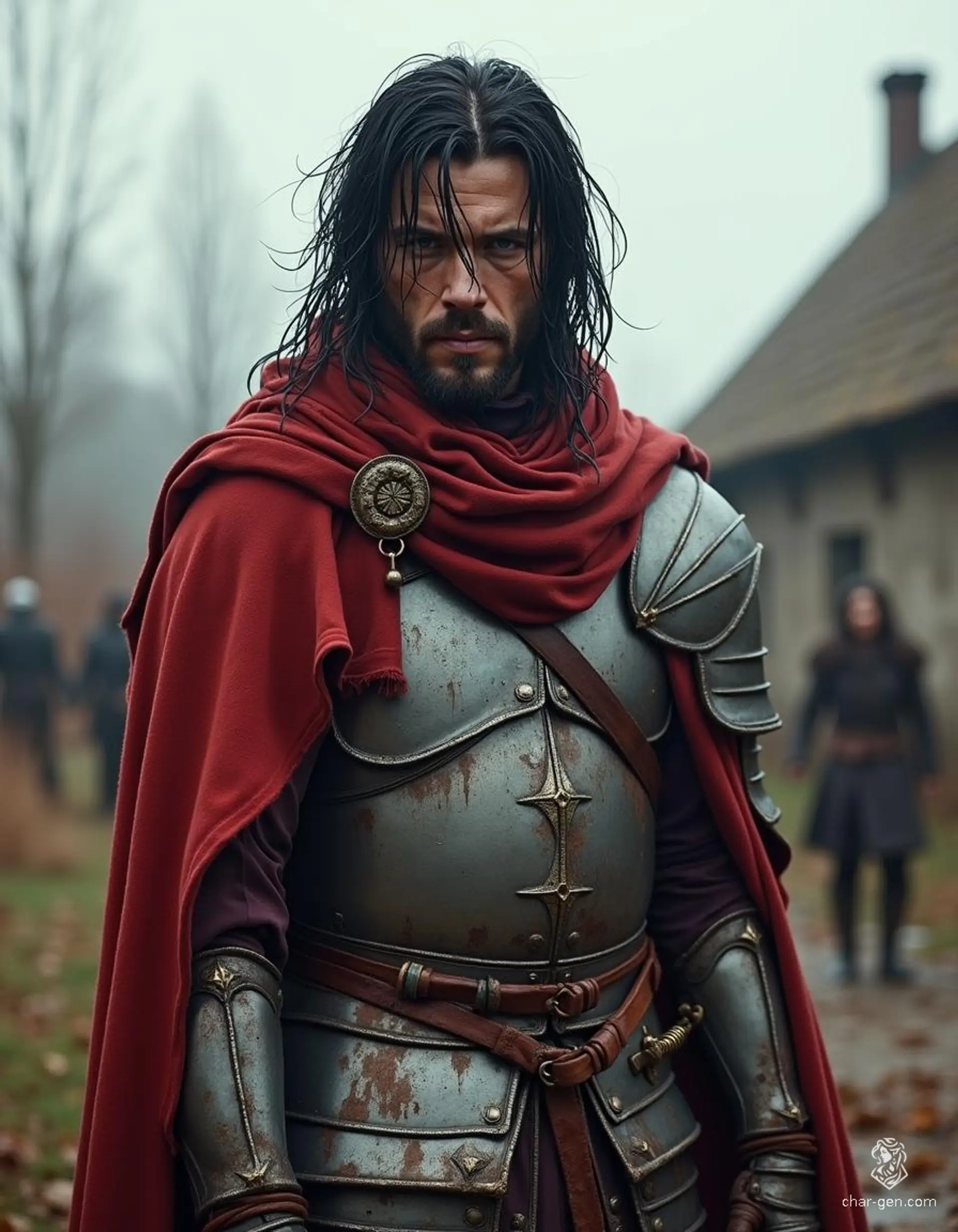 Battle-worn and weary, this human warrior stands in a medieval village, his black, wet hair framing a scarred face. Clad in weathered leather armor and a tattered red cloak, he embodies resilience and bravery, a testament to countless battles fought and a hard-fought life.