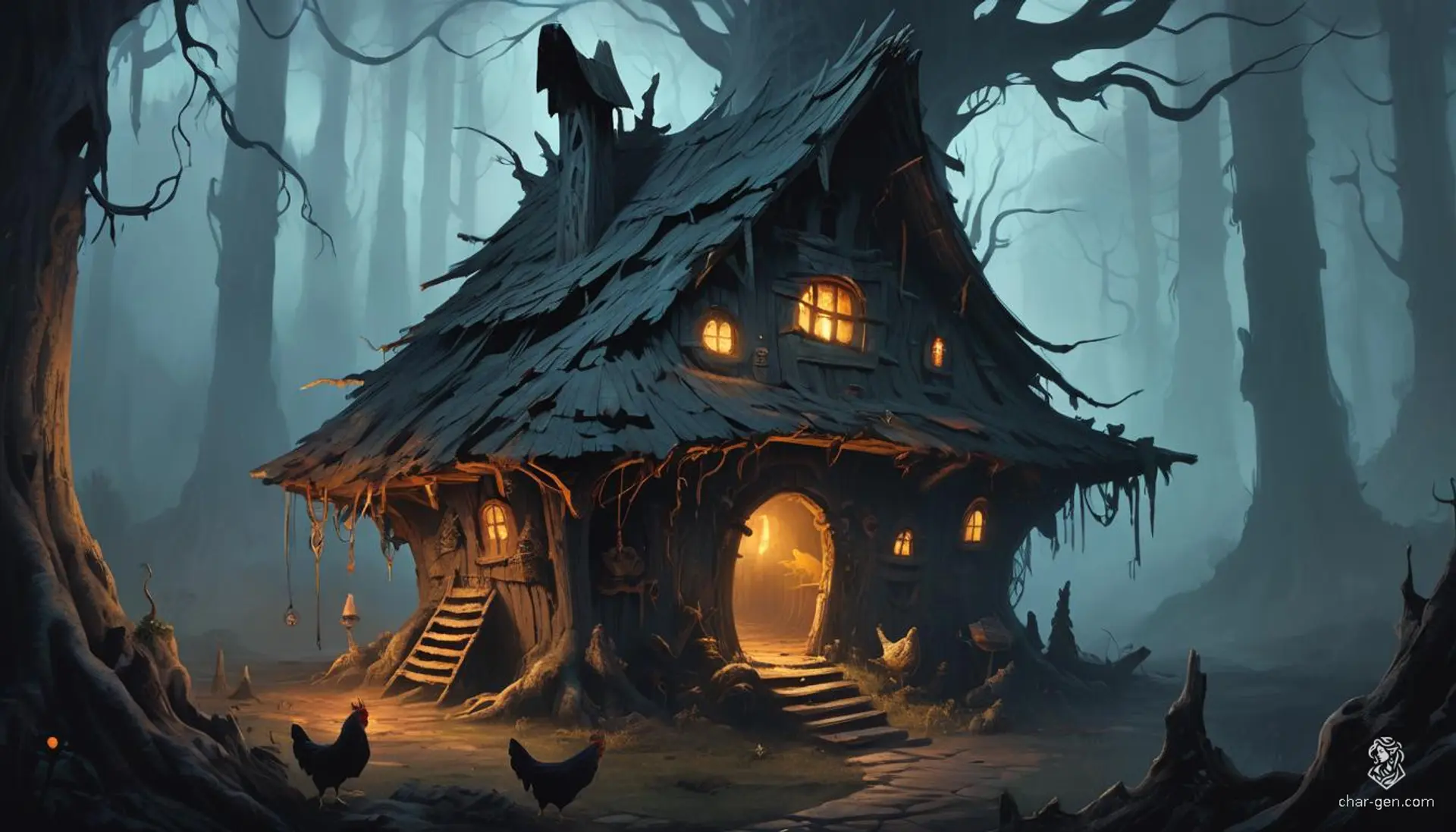 In a dark, painterly woodland, Baba Yaga's hut perches eerily on long, spindly chicken legs with gnarled joints. The twisted wooden structure, adorned with glowing runes, seems alive. Within the dense fog, twisted trees and bioluminescent mushrooms create an eerie, enchanting atmosphere.