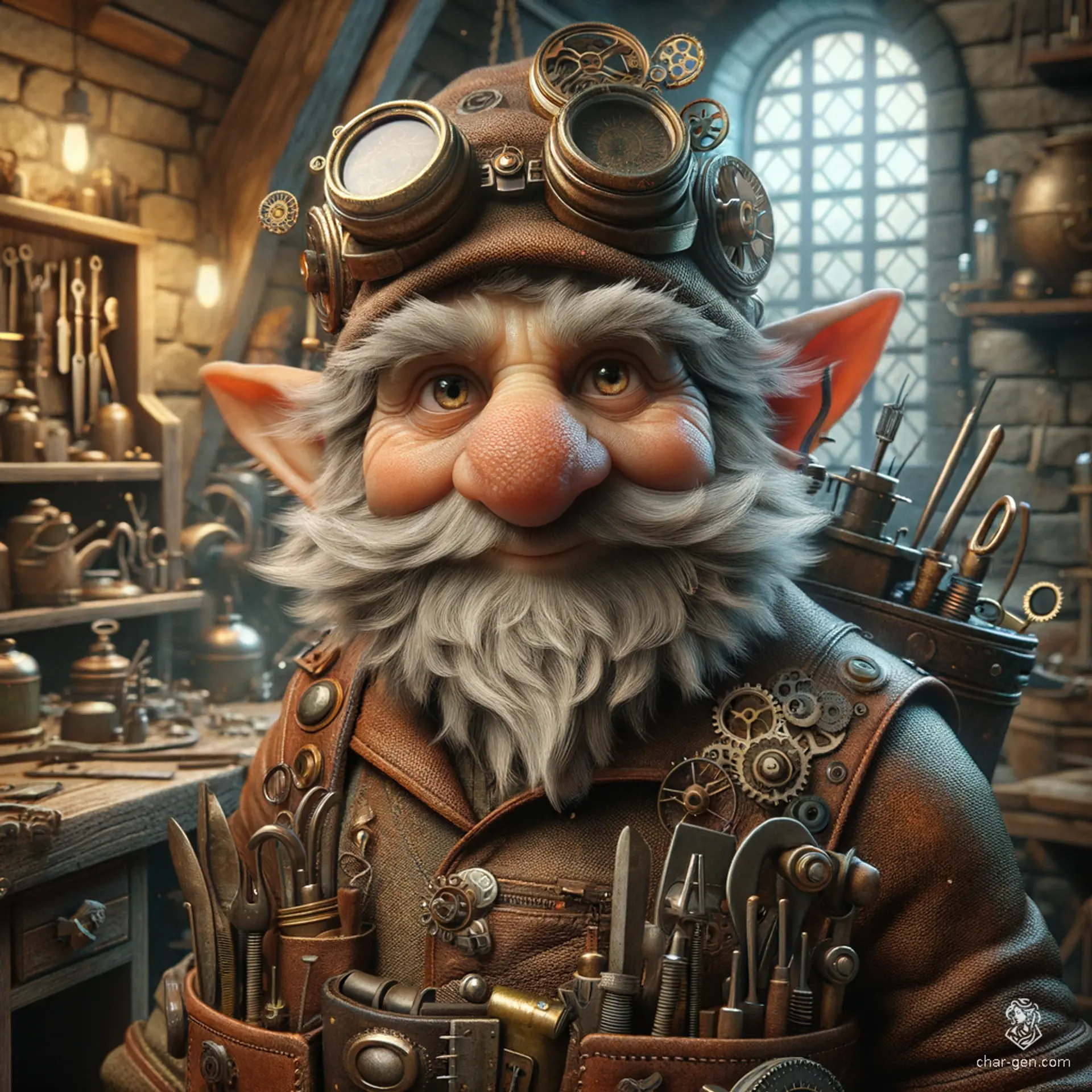 A male gnome artificer with mottled skin, thinning grey hair, and a bulbous nose. His intense, light-colored eyes gleam with intelligence, and without his goggles, they reveal his sharp, perceptive gaze. Dressed in a leathery artisan outfit, the steampunk-themed gnome is an exceptional locksmith, crafting in a cozy workshop filled with warm, ambient light.