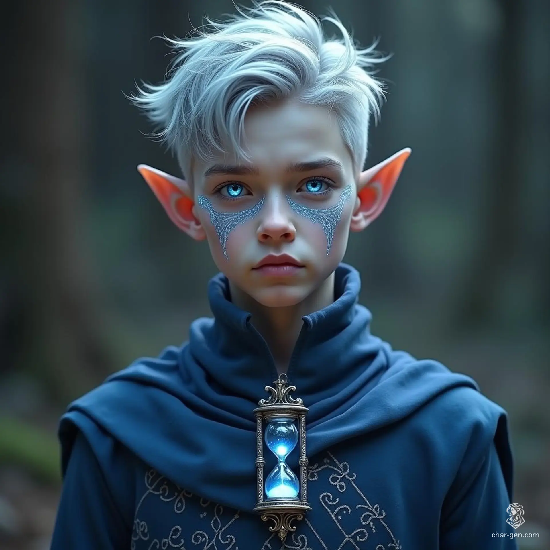 Vollaron is a frail high-elf with sharp features and tousled silver-gray hair. His piercing blue eyes, enhanced by glowing arcane marks, reflect his mastery of chronomancy. Clad in oversized blue and silver robes, he exudes an ethereal aura, embodying both mystery and power with a contemplative demeanor.