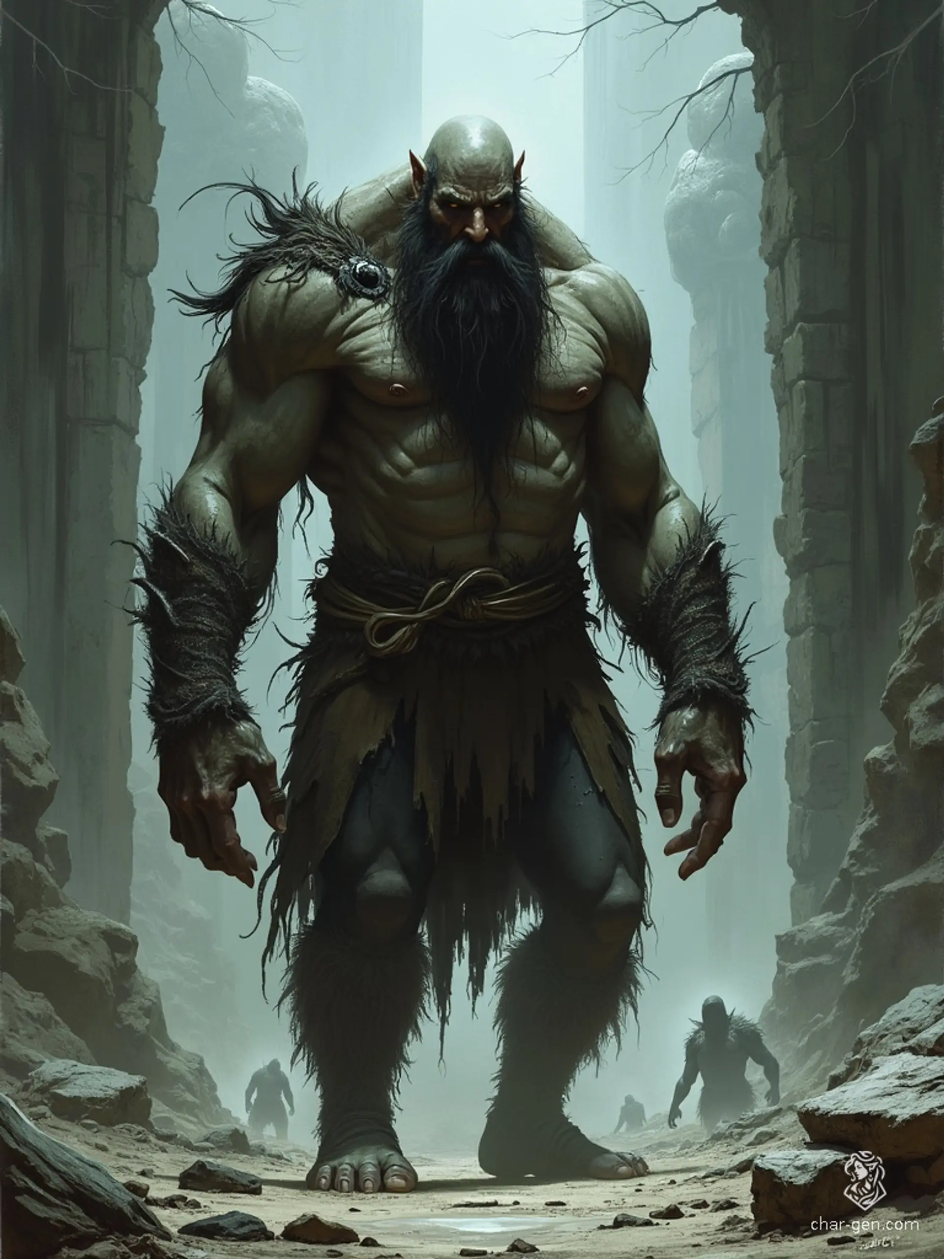 A towering half-giant with grey skin, a muscular build, and a bald head, this rugged barbarian sports a prominent nose and exudes raw, untamed strength. Fearsome and wild, he commands respect on any battlefield.