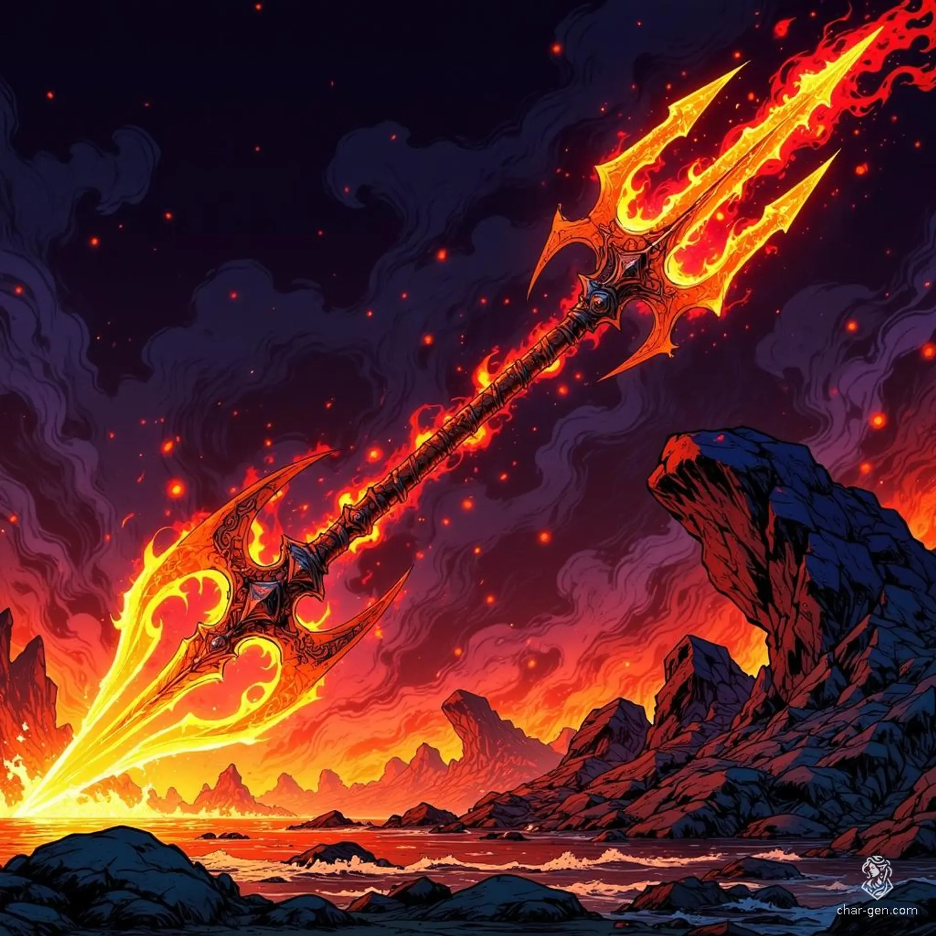 Emberthorn, the Burning Trident, is a fearsome weapon forged from the essence of fire. Its three jagged prongs, adorned with ember-red crystals, blaze with an inner flame. When wielded, the trident releases waves of heat, igniting the air and incinerating foes in a dazzling display of fiery power.