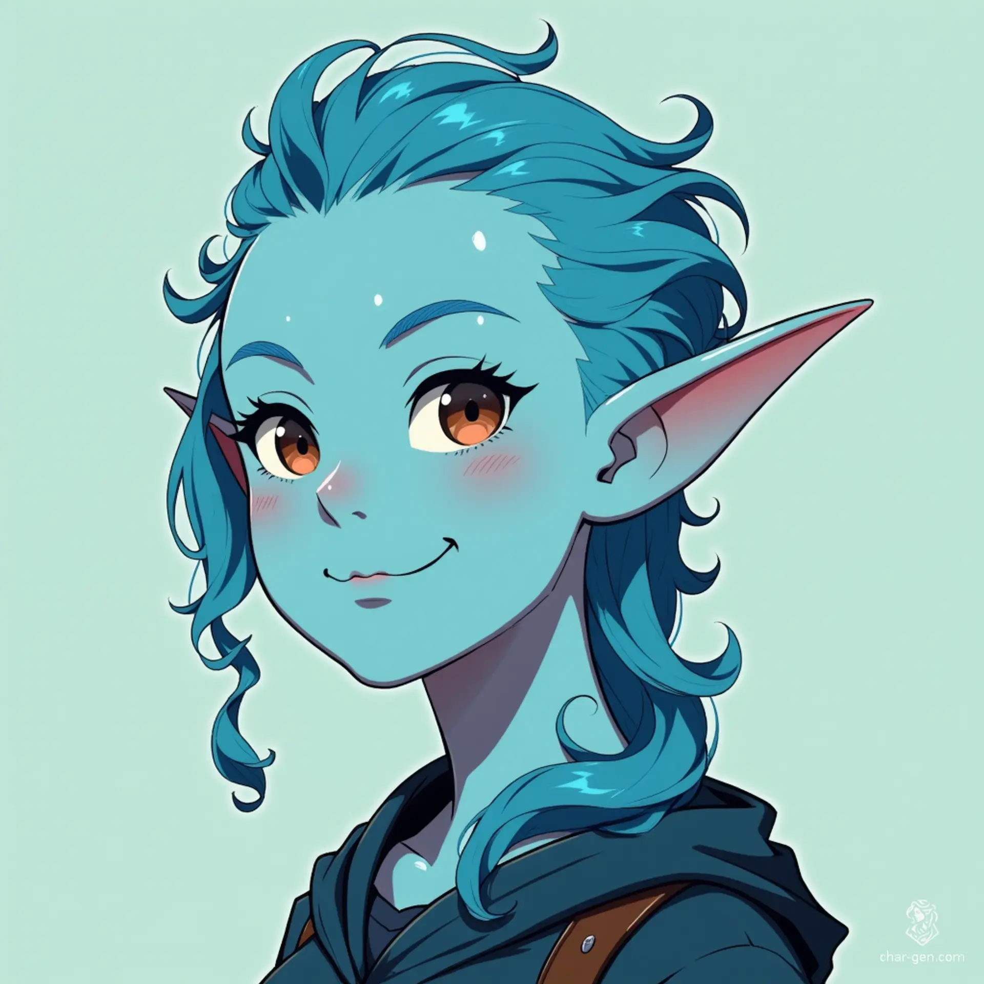 Meet Seraphine, a vibrant tiefling with a playful spirit. Her curvy figure is accentuated by short hair shaved on the sides, highlighting her striking light blue skin. With a contagious smile, she brings joy and mischief wherever her adventures take her in the realms of magic.