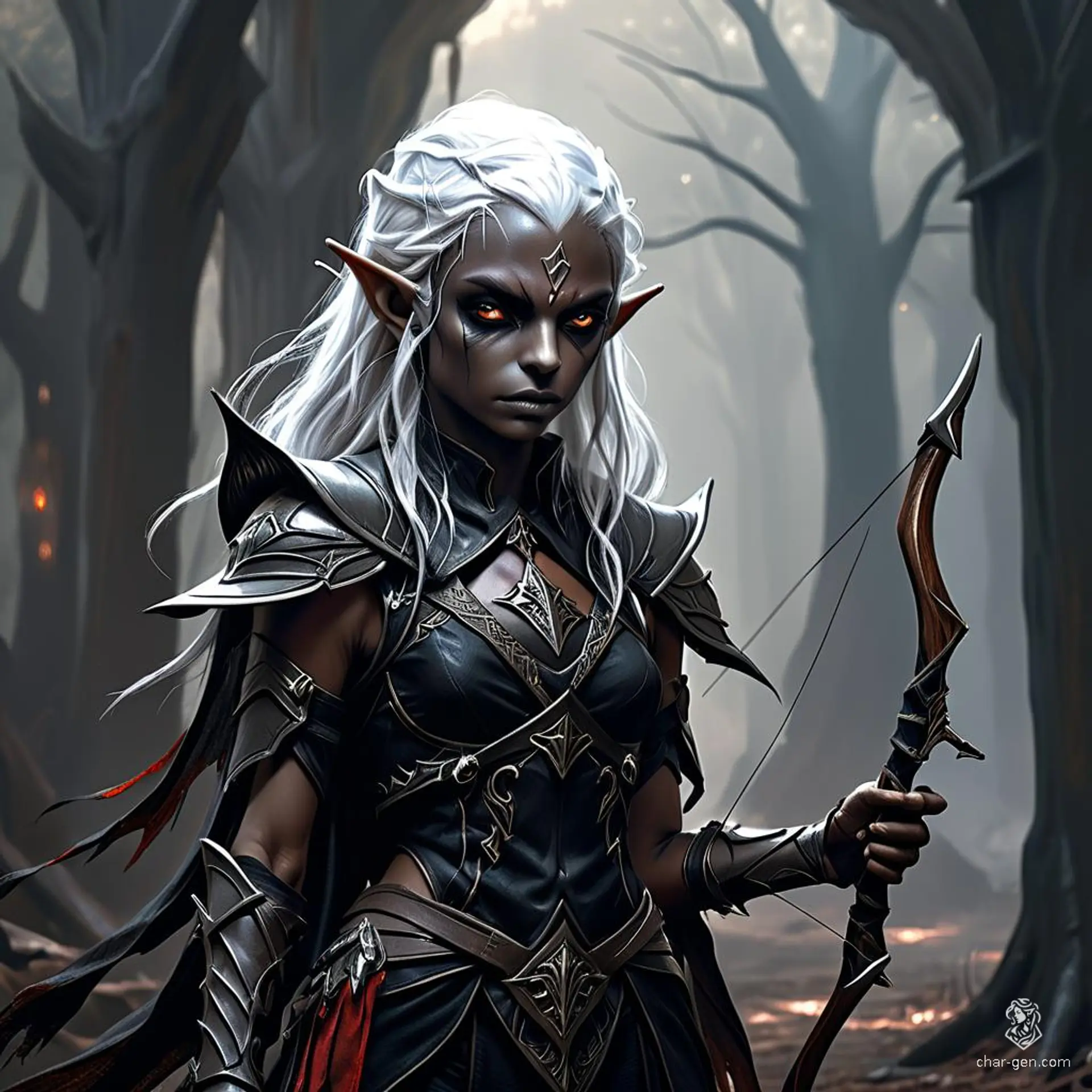 A confident dark-skinned female drow archer with striking white hair, she stands poised with a bow in hand and a quiver on her back. Her variety of weapons speaks to her prowess as a formidable fighter.