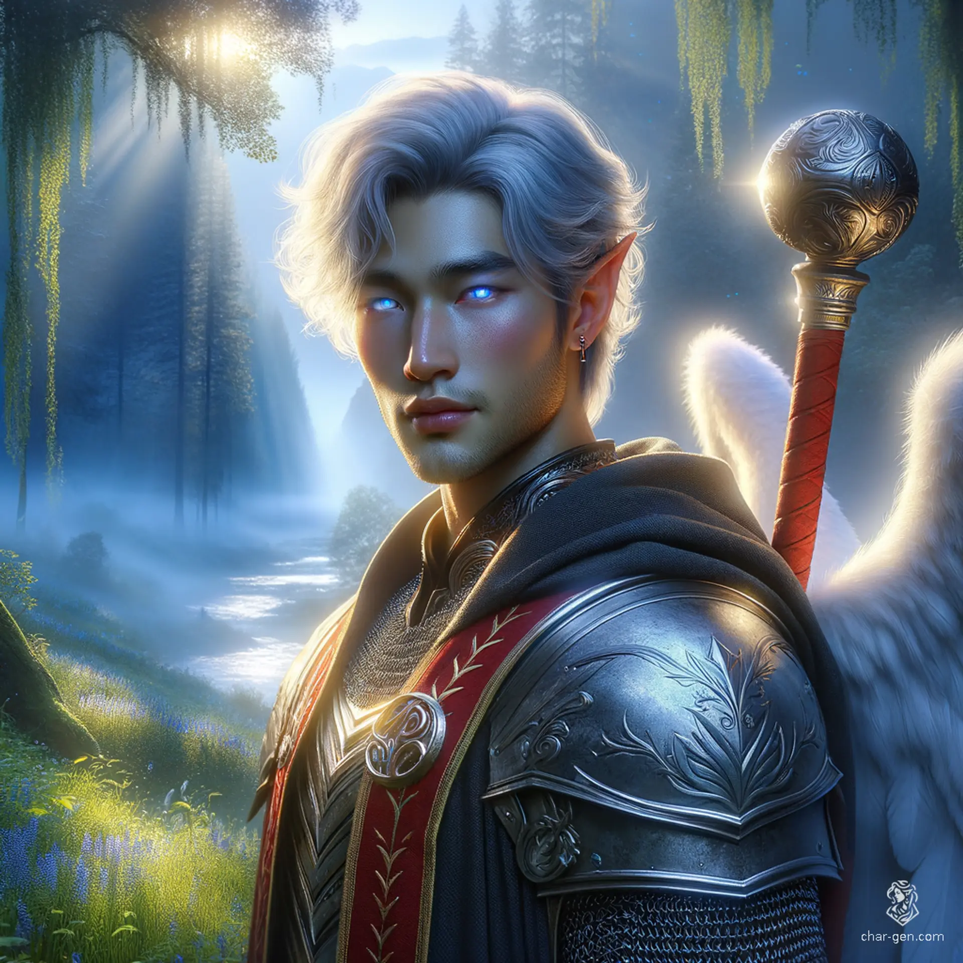 A radiant aasimar cleric, this serene male figure emanates a subtle glow. Clad in dark chainmail adorned with red trimmings, he wields a massive warhammer and displays unusual, vibrant eyes. His prominent holy symbol reflects his unwavering faith and commitment to the divine.