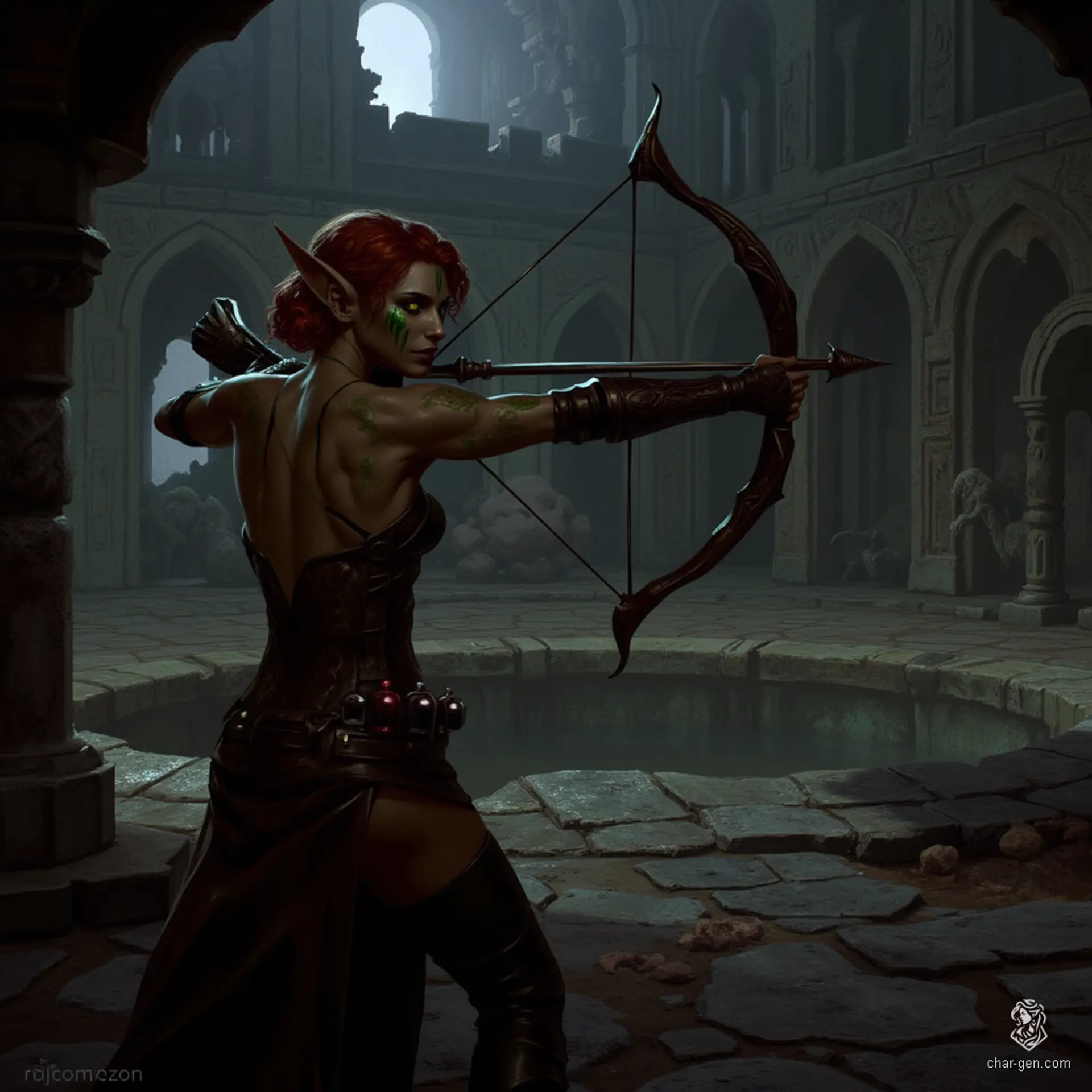 Izzy is a newly emancipated halfling assassin, embodying a blend of grace and danger. With luscious plump lips and striking yellow-green snake-like eyes, her medium-toned skin is marked by subtle green scales. Clad in fitted leather armor, she stands poised with a heavy crossbow, exuding an aura of tense anticipation as she awaits her prey.