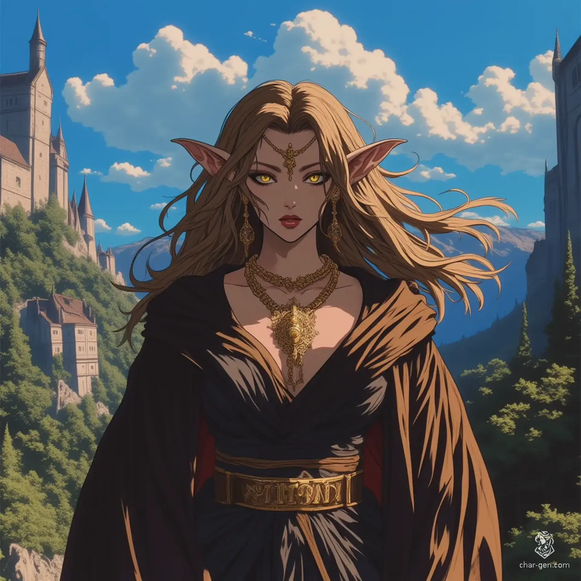 In a dark, gritty fantasy realm, this enchanting bard captivates with her arcane-glowing eyes and flowing light brown hair. Dressed in deep-cut robes and intricate golden jewelry, she performs mesmerizing tricks, using her magical lute to charm gullible crowds while concealing her deceit beneath flamboyant flair.